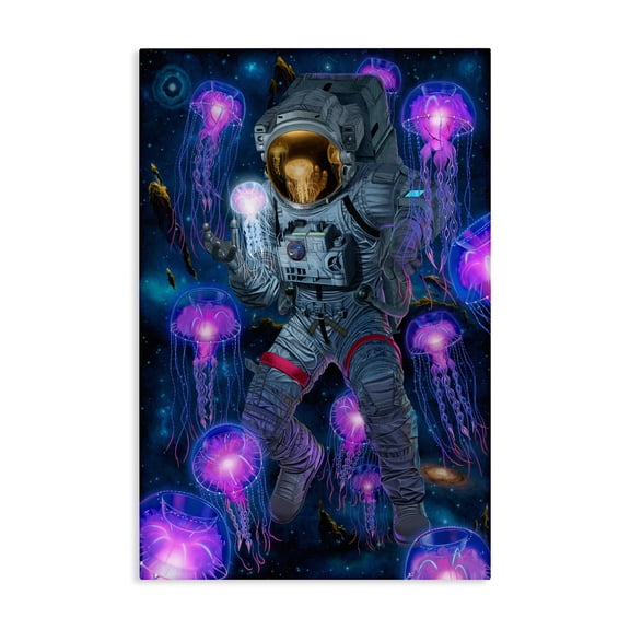 Stupell Industries Cosmic Encounter Astronaut & Jellyfish Outer Space Painting Wrapped Canvas Canvas Art Print Wall Art, 20 x 30