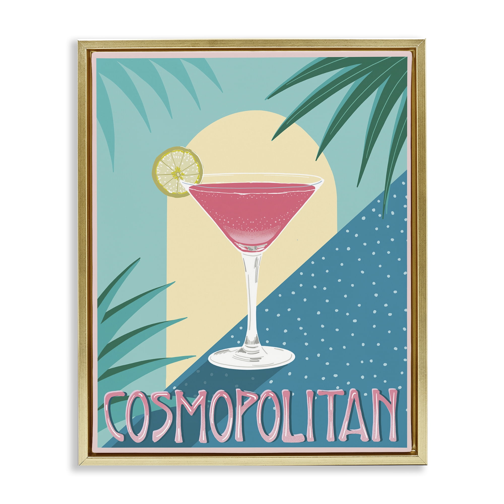 Stupell Industries Cosmopolitan & Palm Leaves Food & Beverage Painting Gold Floater Framed Canvas Art Print Wall Art, 17 x 21