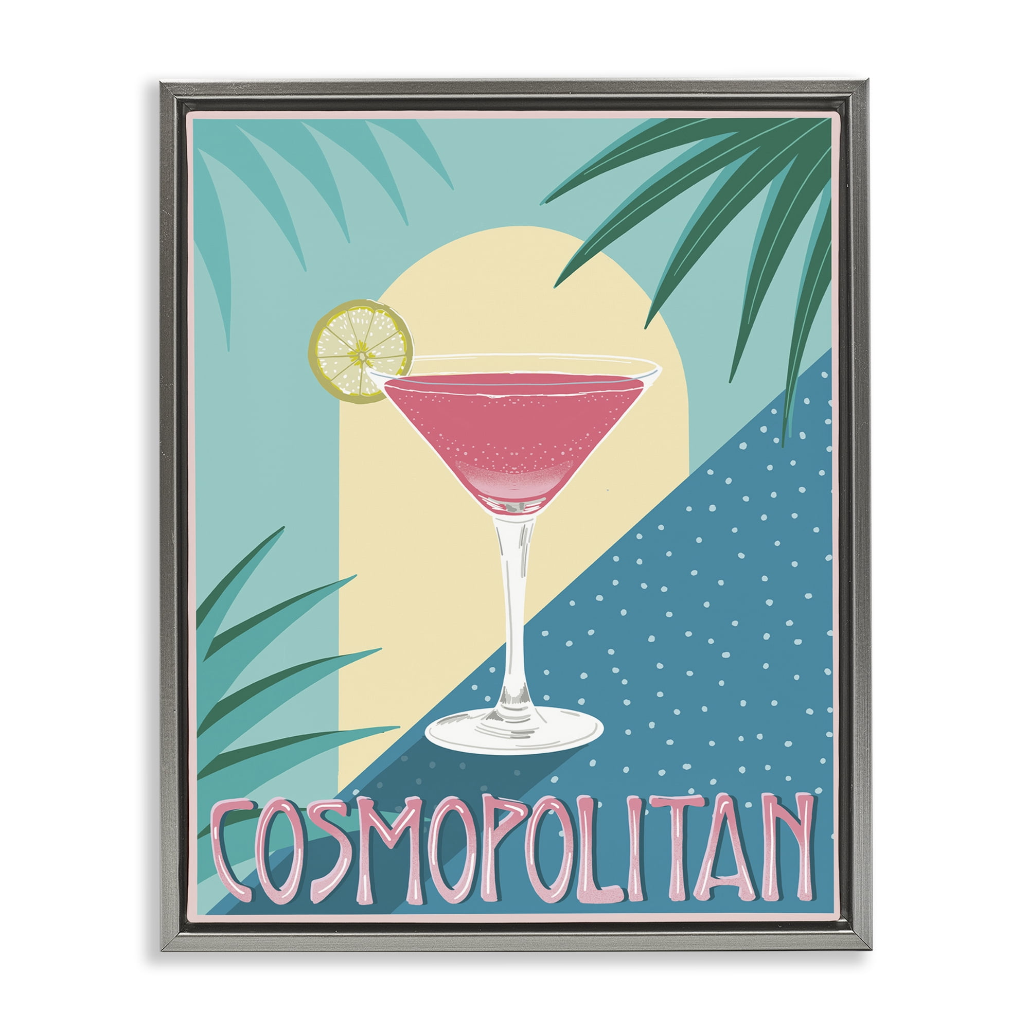 Stupell Industries Cosmopolitan & Palm Leaves Food & Beverage Painting Gray Floater Framed Canvas Art Print Wall Art, 25 x 31