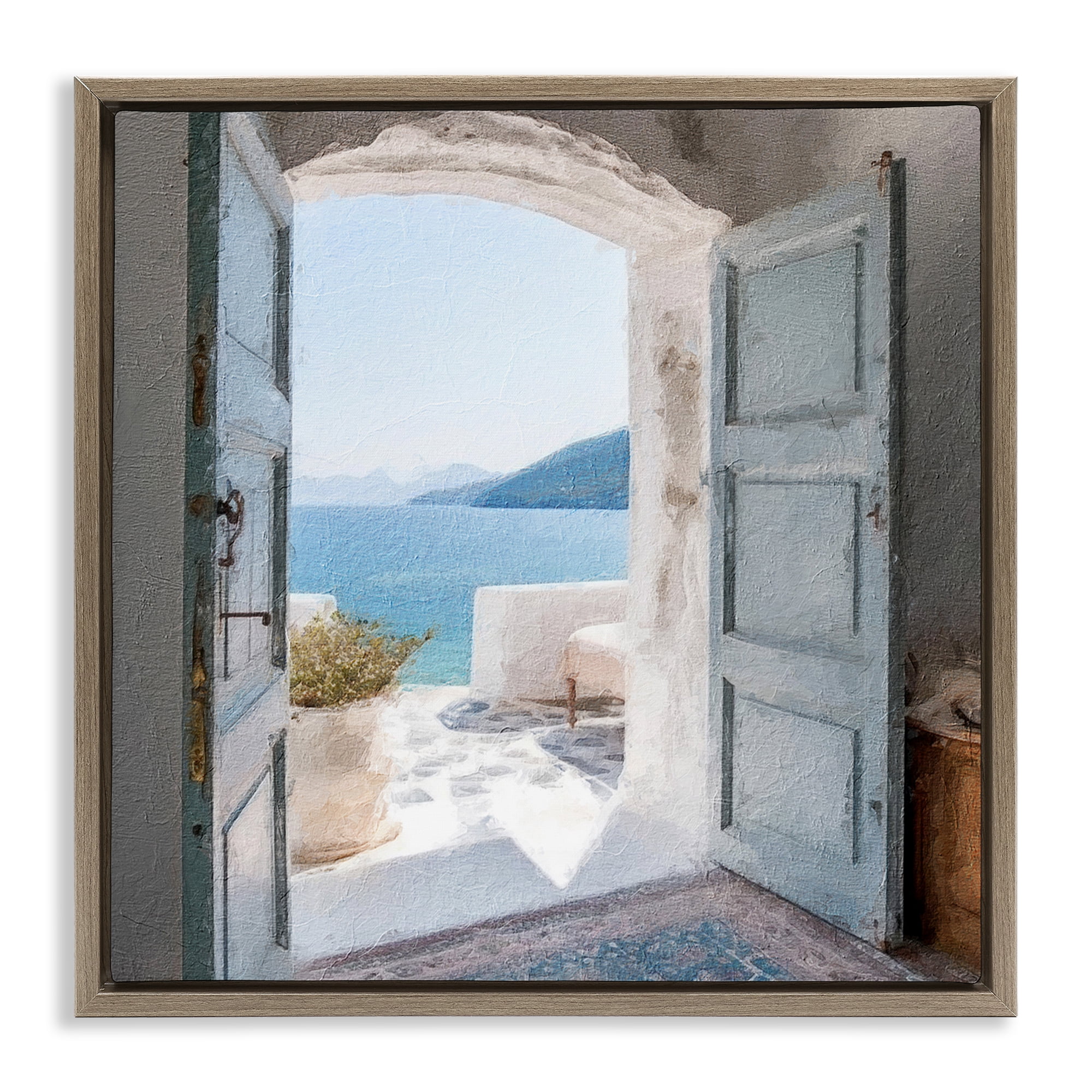 Stupell Industries Costal Door to Ocean Town & City Painting Brown Floater Framed Canvas Art Print Wall Art, 18 x 18