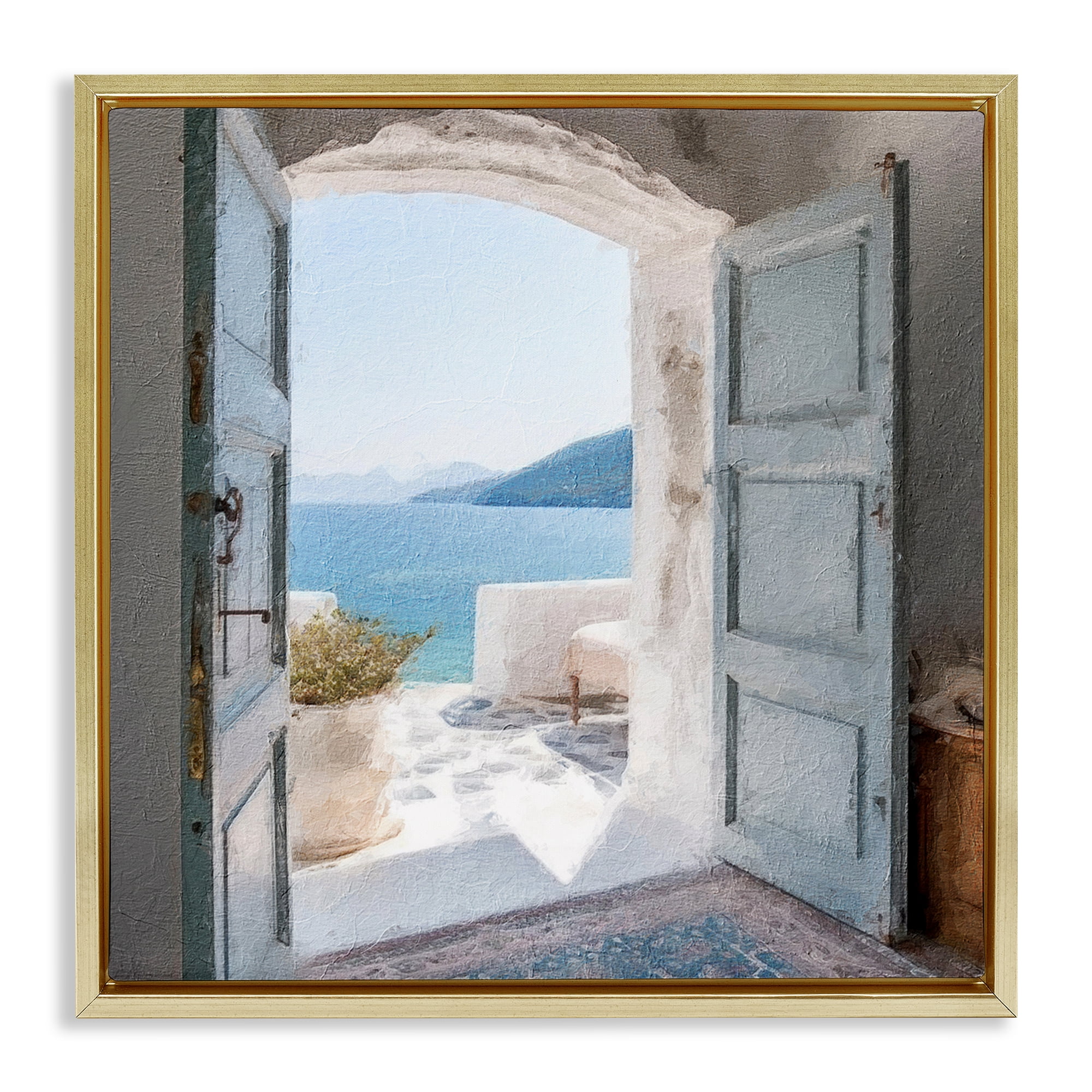Stupell Industries Costal Door to Ocean Town & City Painting Gold Floater Framed Canvas Art Print Wall Art, 18 x 18