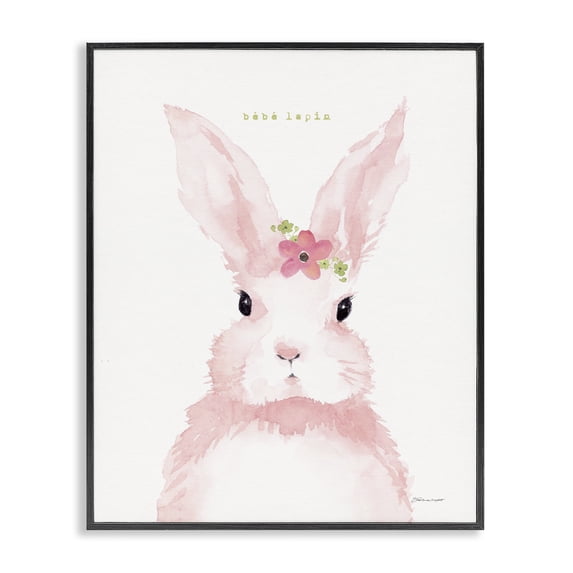 Stupell Industries Cottage Baby Lapin French Pink Watercolor Bunny with Flower Black Framed Giclee Art, 11 x 14, by Stephanie Workman Marrott