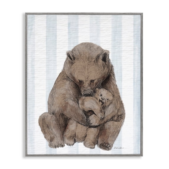 Stupell Industries Cottage Bear and Cub Blue Stripes Gray Framed Giclee Art, 16 x 20, by Lil' Rue