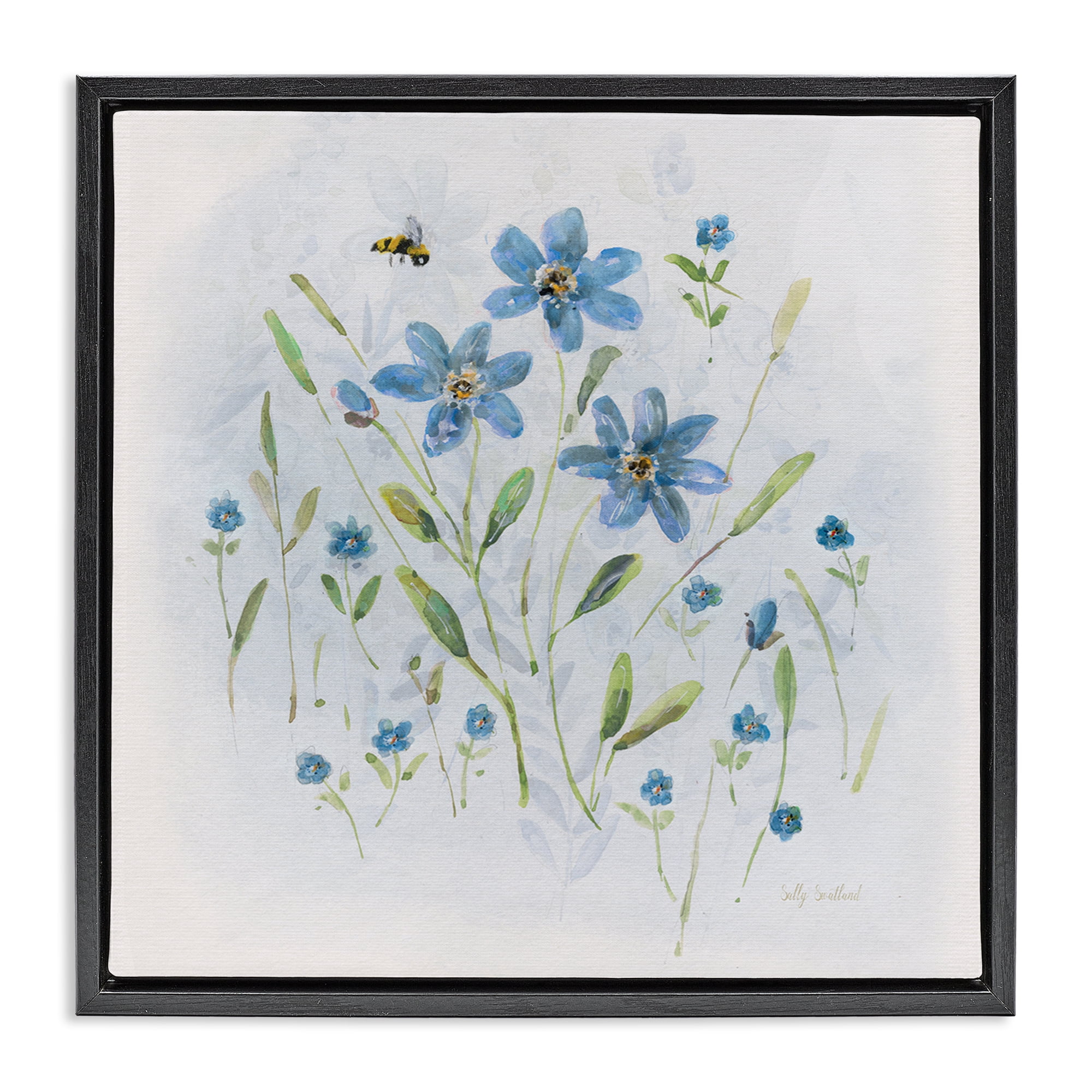 Stupell Industries Cottage Bee & Flowers Plants & Flowers Painting Black Floater Framed Canvas Art Print Wall Art, 18 x 18