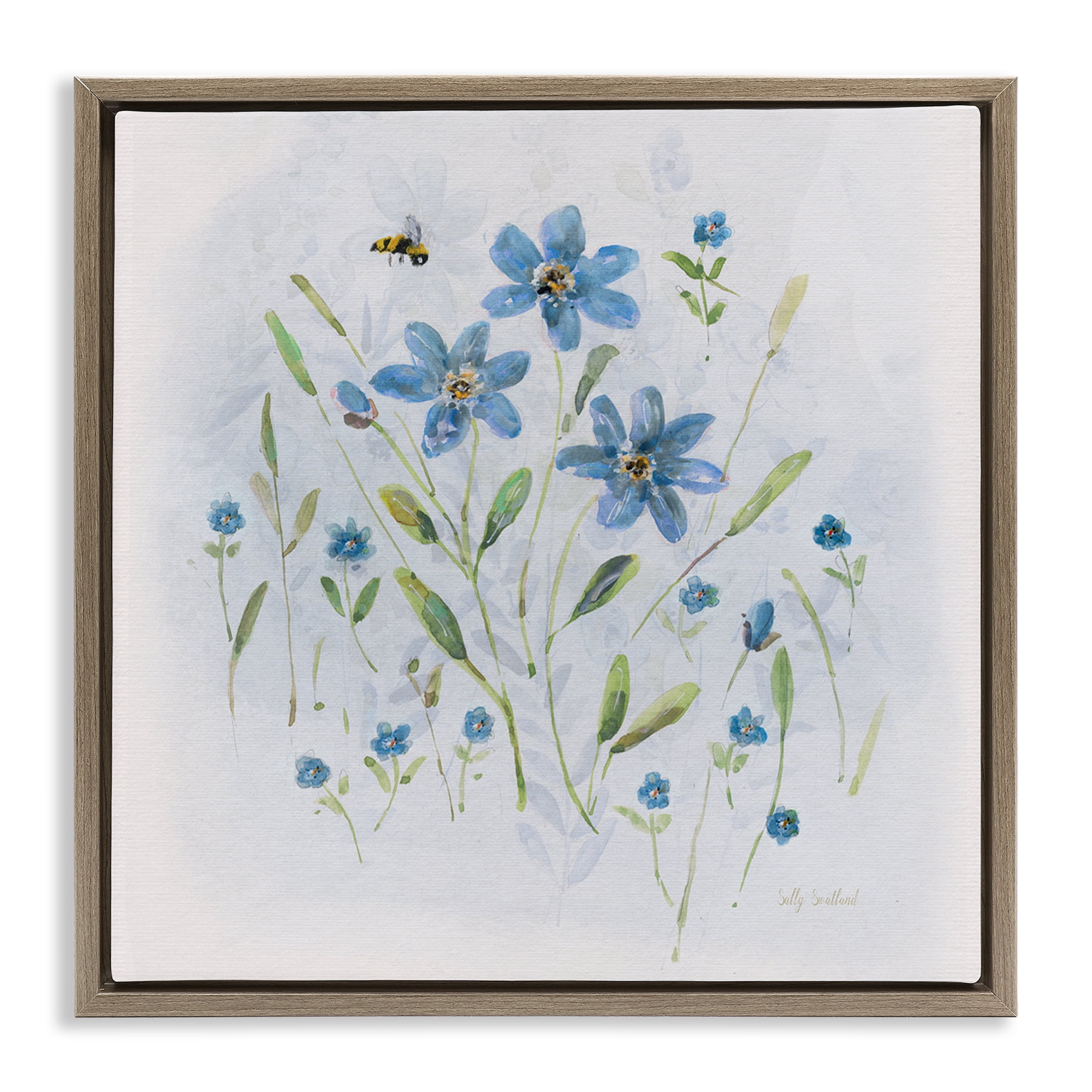 Stupell Industries Cottage Bee & Flowers Plants & Flowers Painting Brown Floater Framed Canvas Art Print Wall Art, 25 x 25