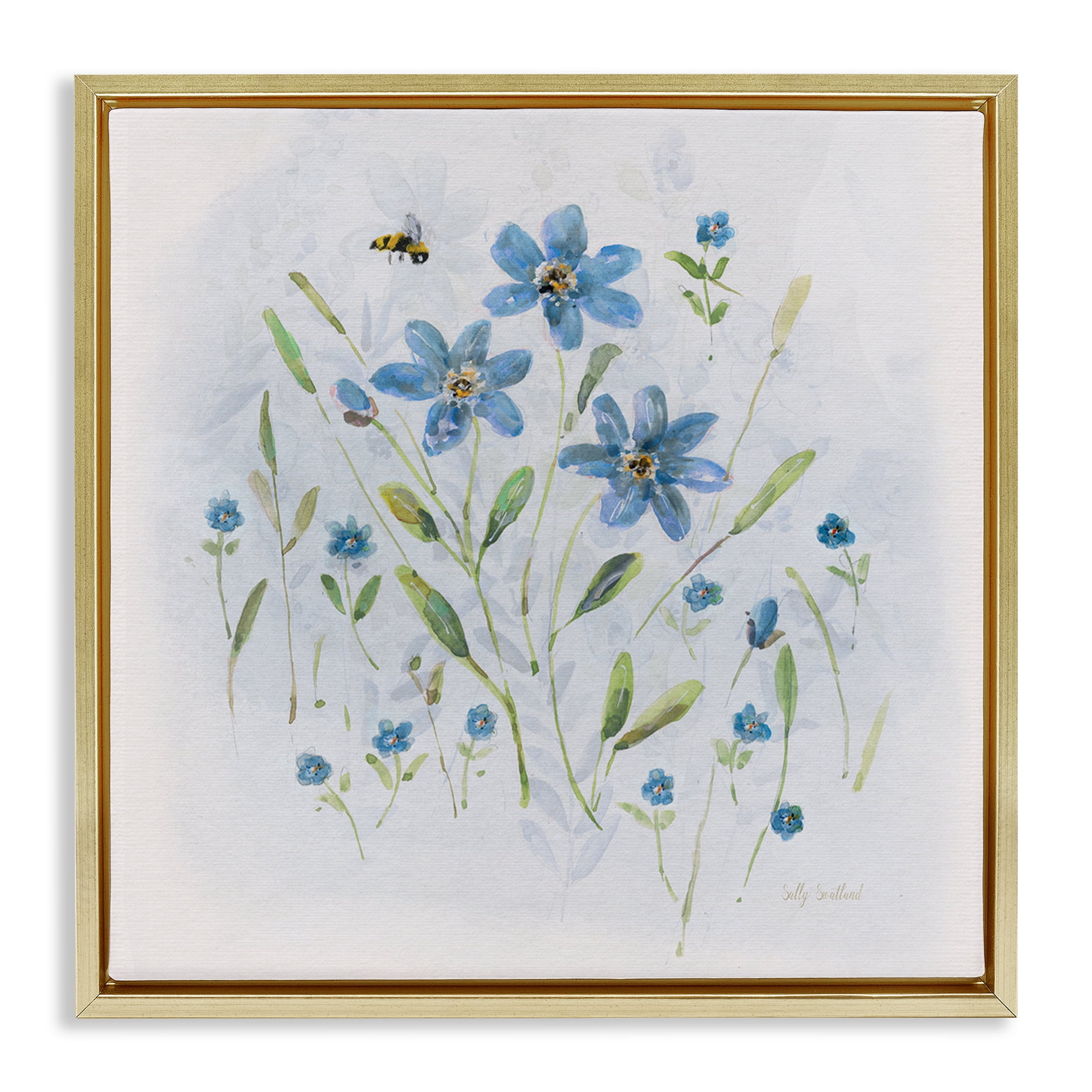 Stupell Industries Cottage Bee & Flowers Plants & Flowers Painting Gold Floater Framed Canvas Art Print Wall Art, 25 x 25