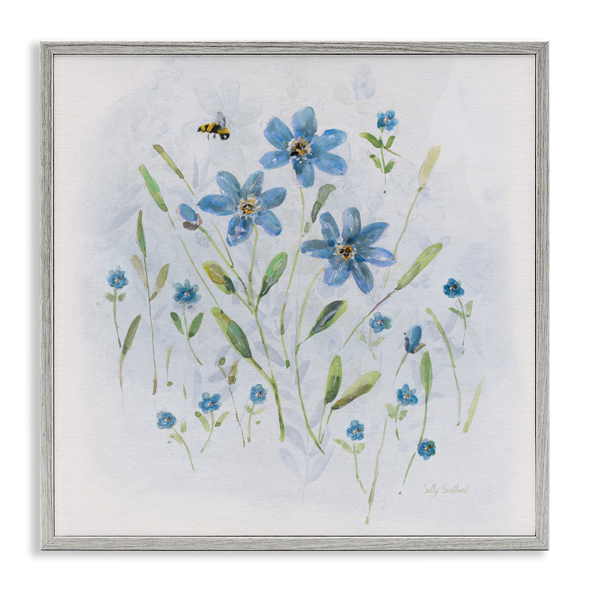Stupell Industries Cottage Bee & Flowers Plants & Flowers Painting Gray Framed Art Print Wall Art, 12 x 12