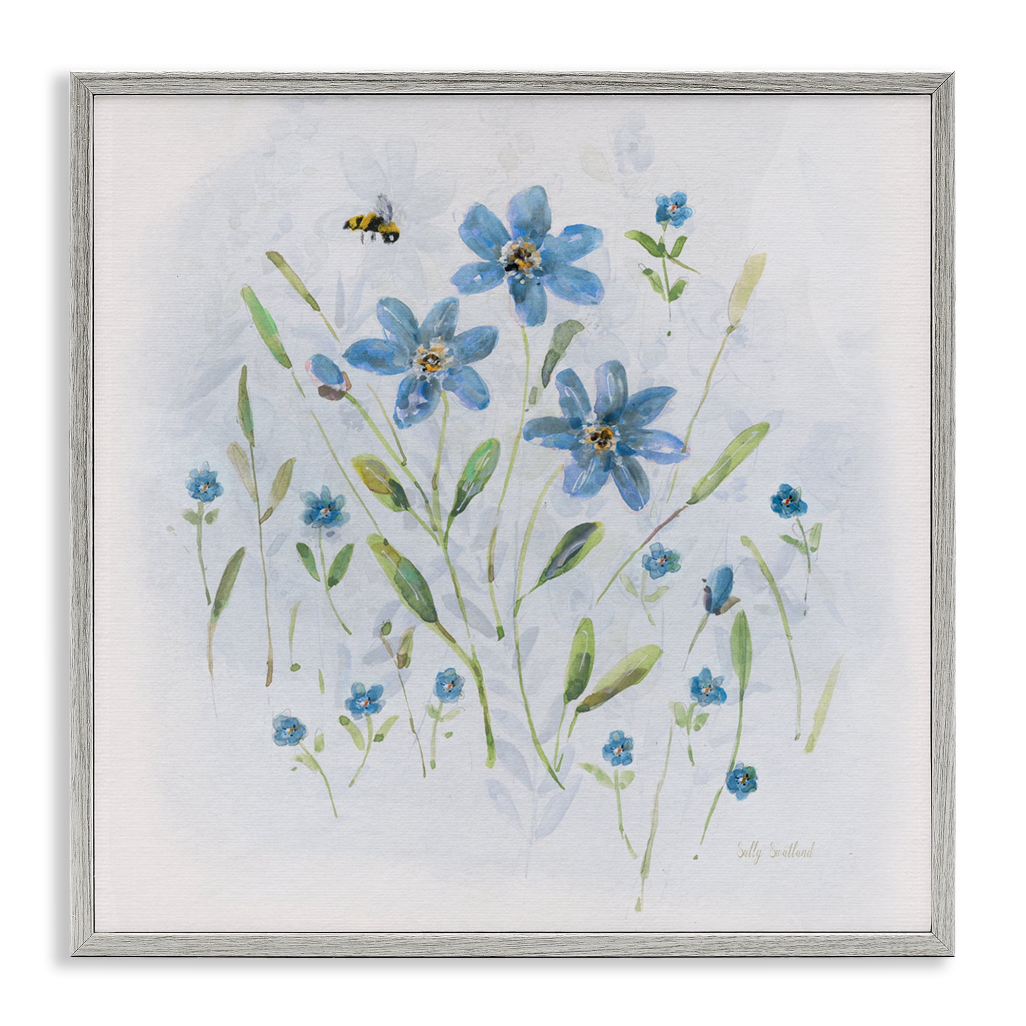 Stupell Industries Cottage Bee & Flowers Plants & Flowers Painting Gray Framed Art Print Wall Art, 17 x 17
