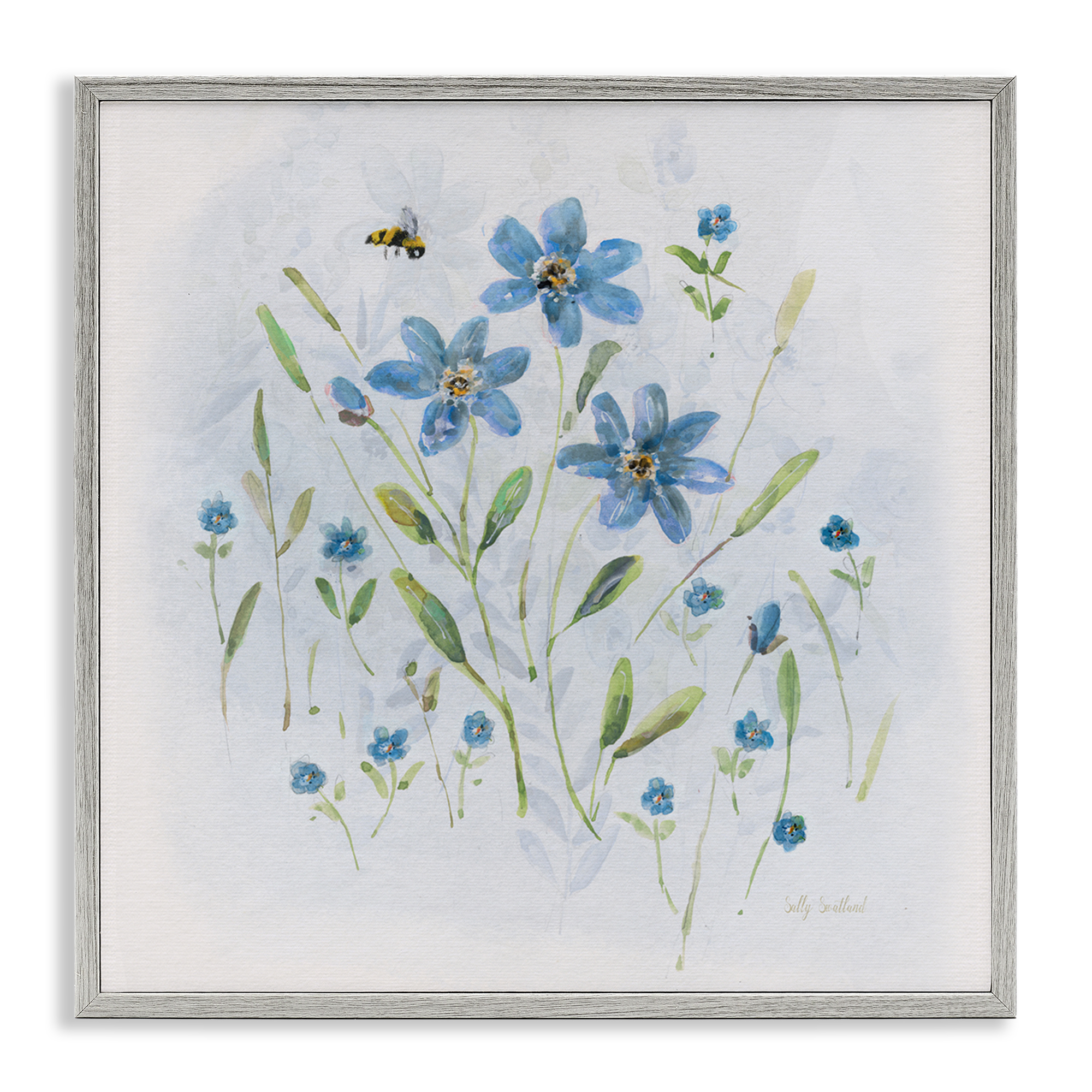 Stupell Industries Cottage Bee & Flowers Plants & Flowers Painting Gray Framed Art Print Wall Art, 24 x 24