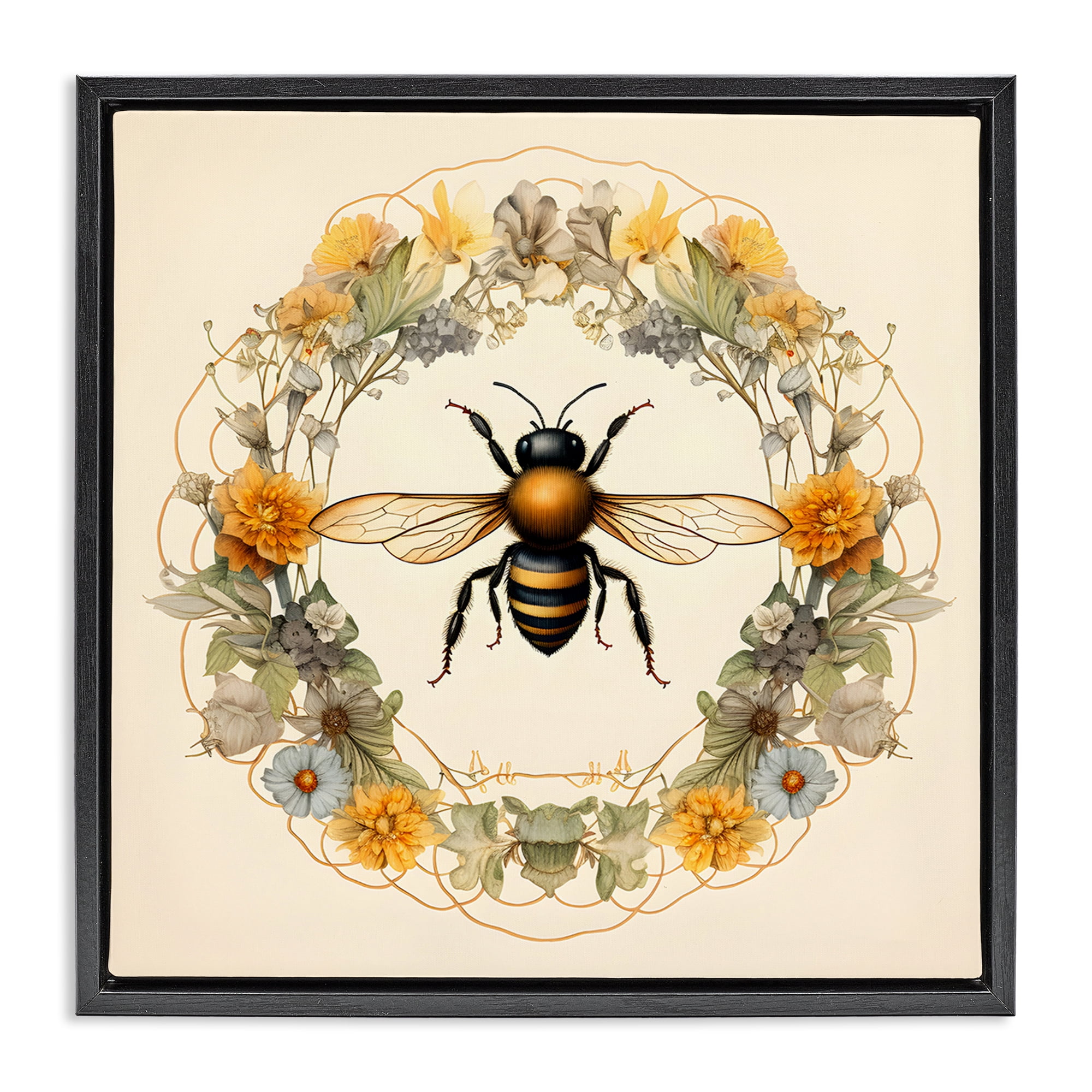Stupell Industries Cottage Bee Wreath Animals & Insects Painting Black Floater Framed Canvas Art Print Wall Art, 18 x 18