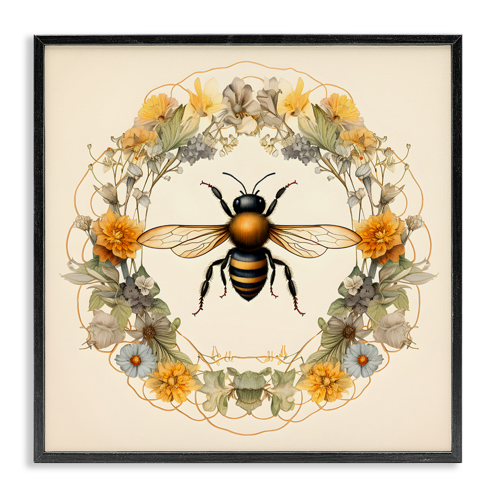 Stupell Industries Cottage Bee Wreath Animals & Insects Painting Black Framed Art Print Wall Art, 12 x 12