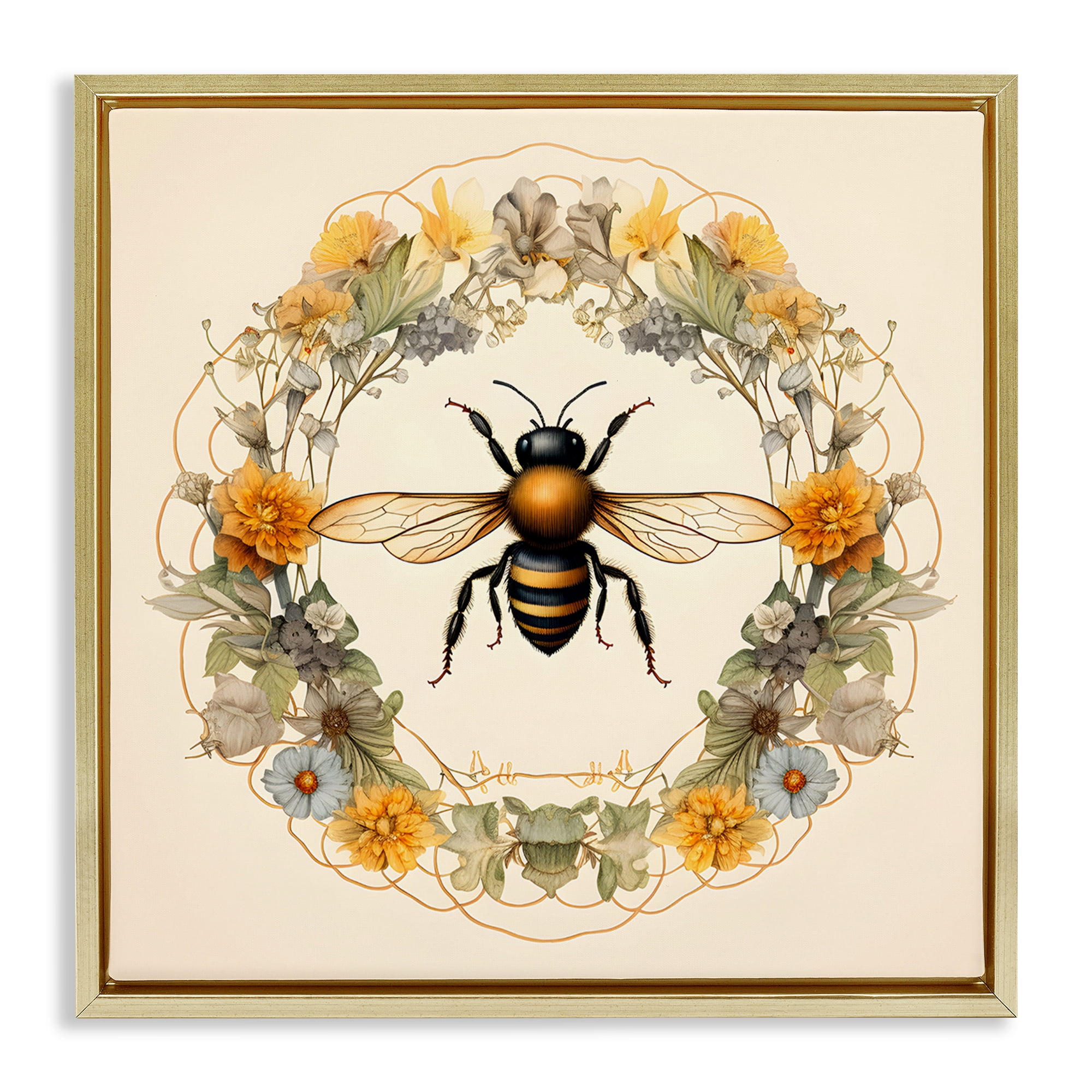 Stupell Industries Cottage Bee Wreath Animals & Insects Painting Gold Floater Framed Canvas Art Print Wall Art, 25 x 25