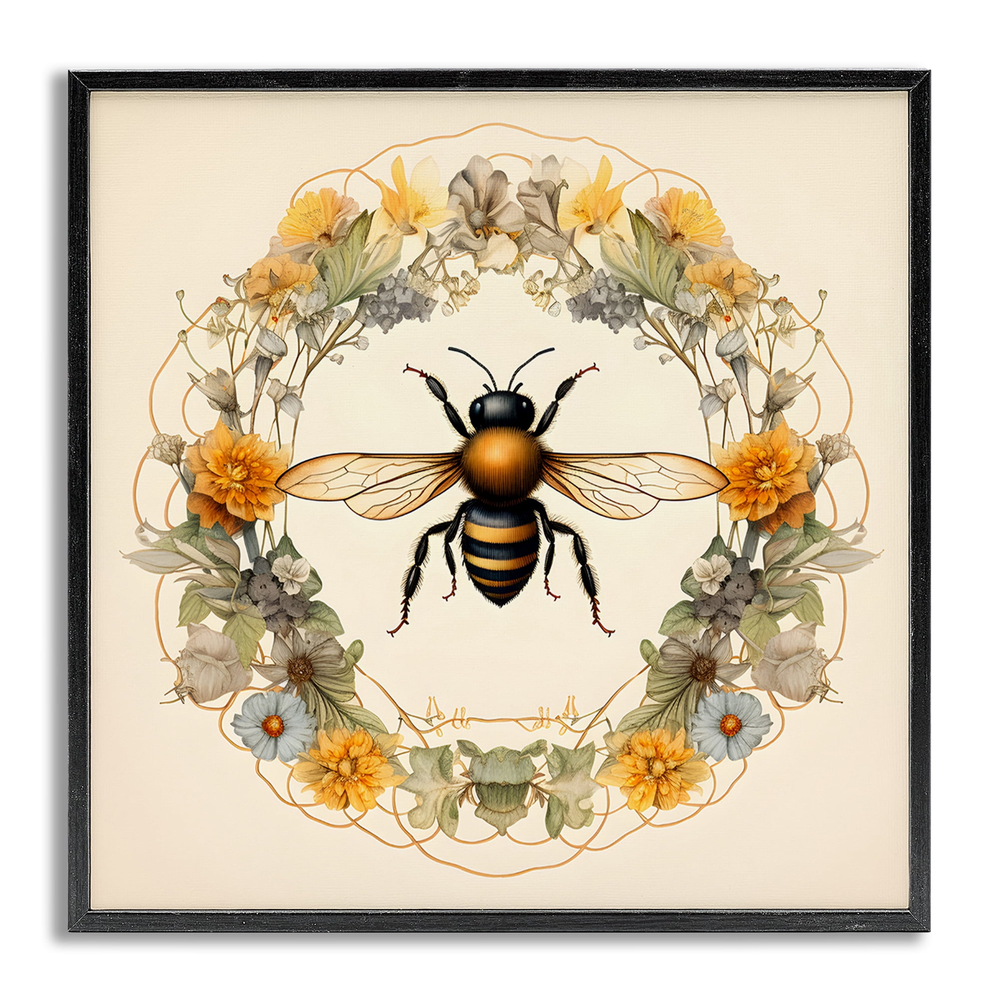 Stupell Industries Cottage Bee Wreath Animals & Insects Painting Gray Framed Art Print Wall Art, 17 x 17