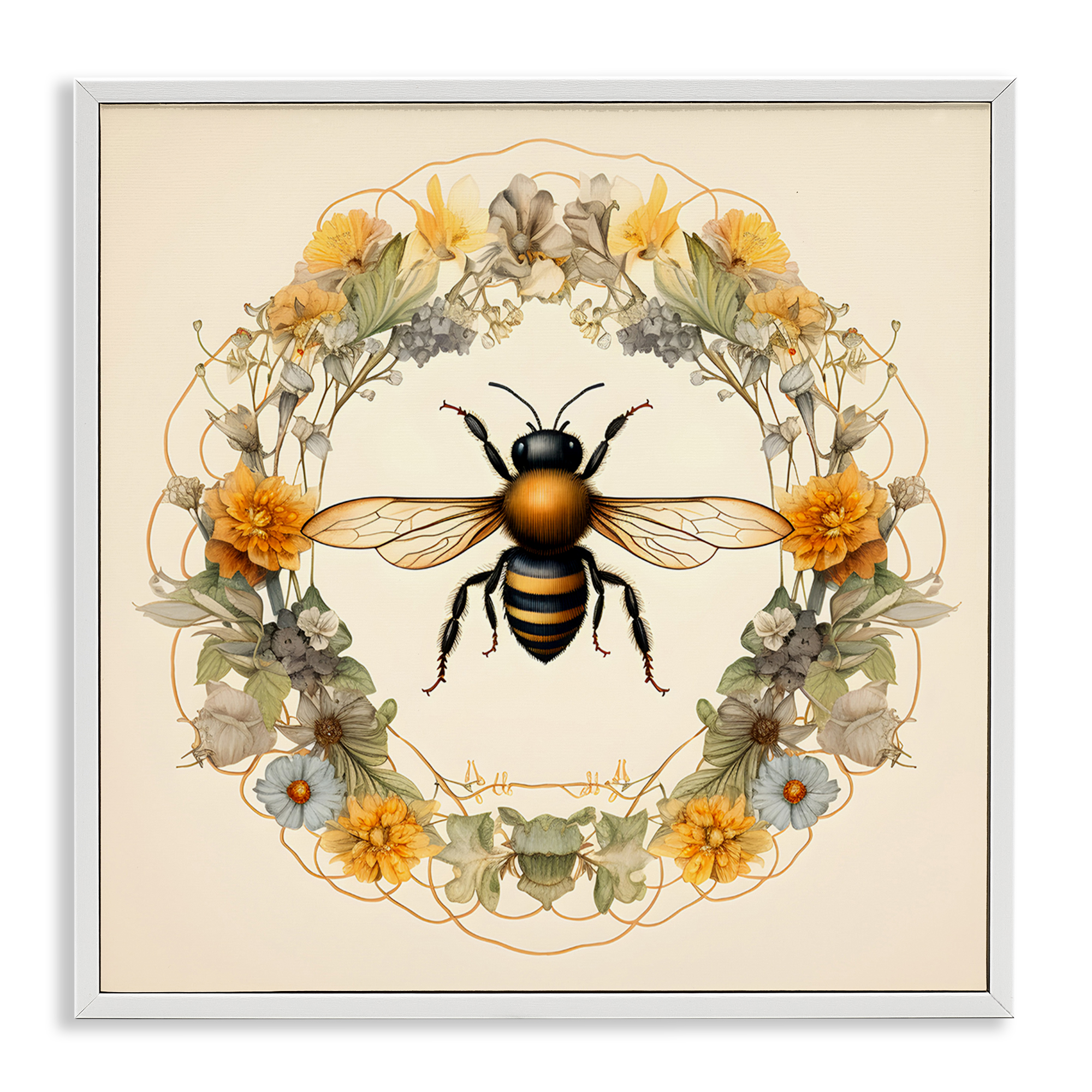 Stupell Industries Cottage Bee Wreath Animals & Insects Painting White Framed Art Print Wall Art, 12 x 12