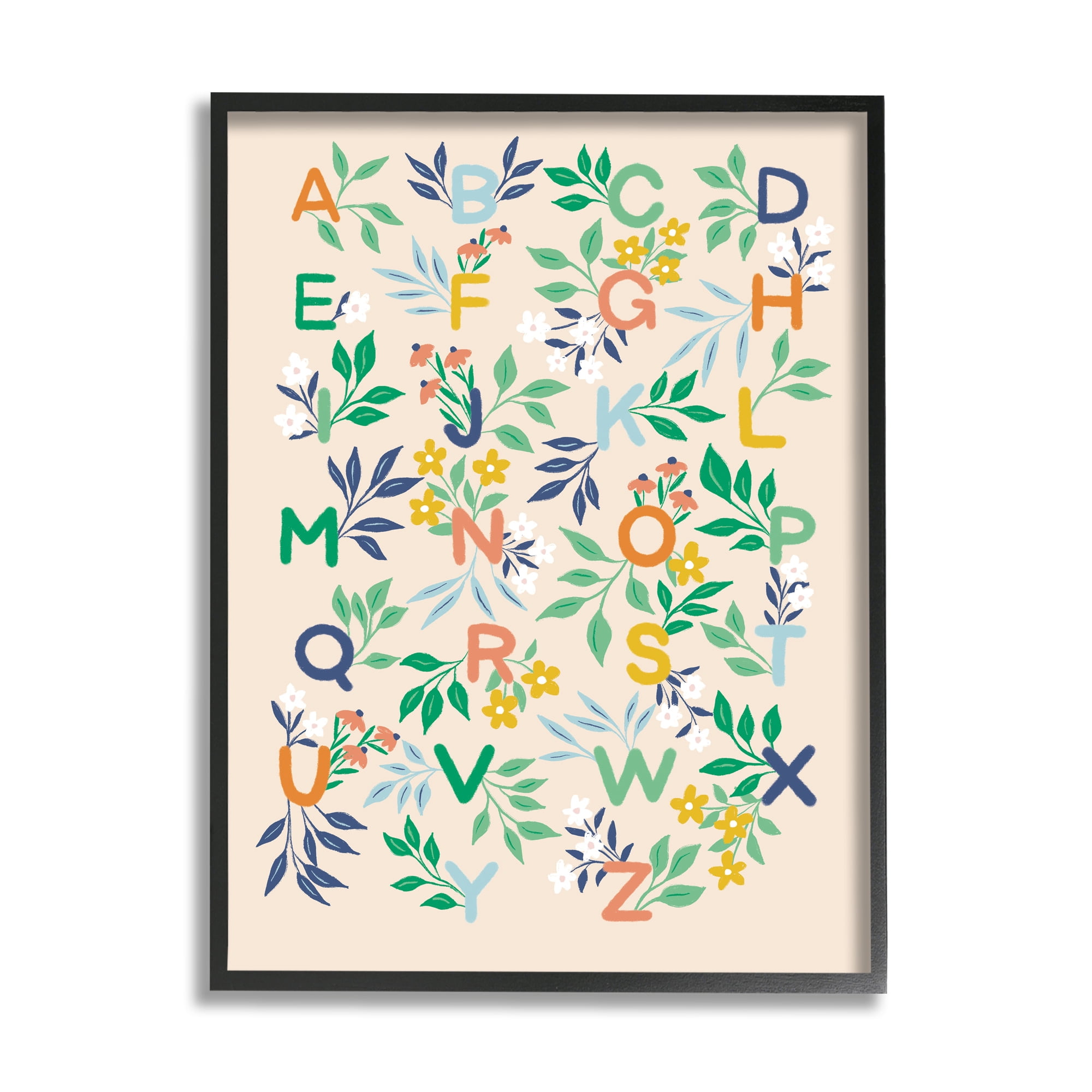 Stupell Industries Cottage Blooms Alphabet Typography Painting Black Framed Art Print Wall Art, 16 x 20