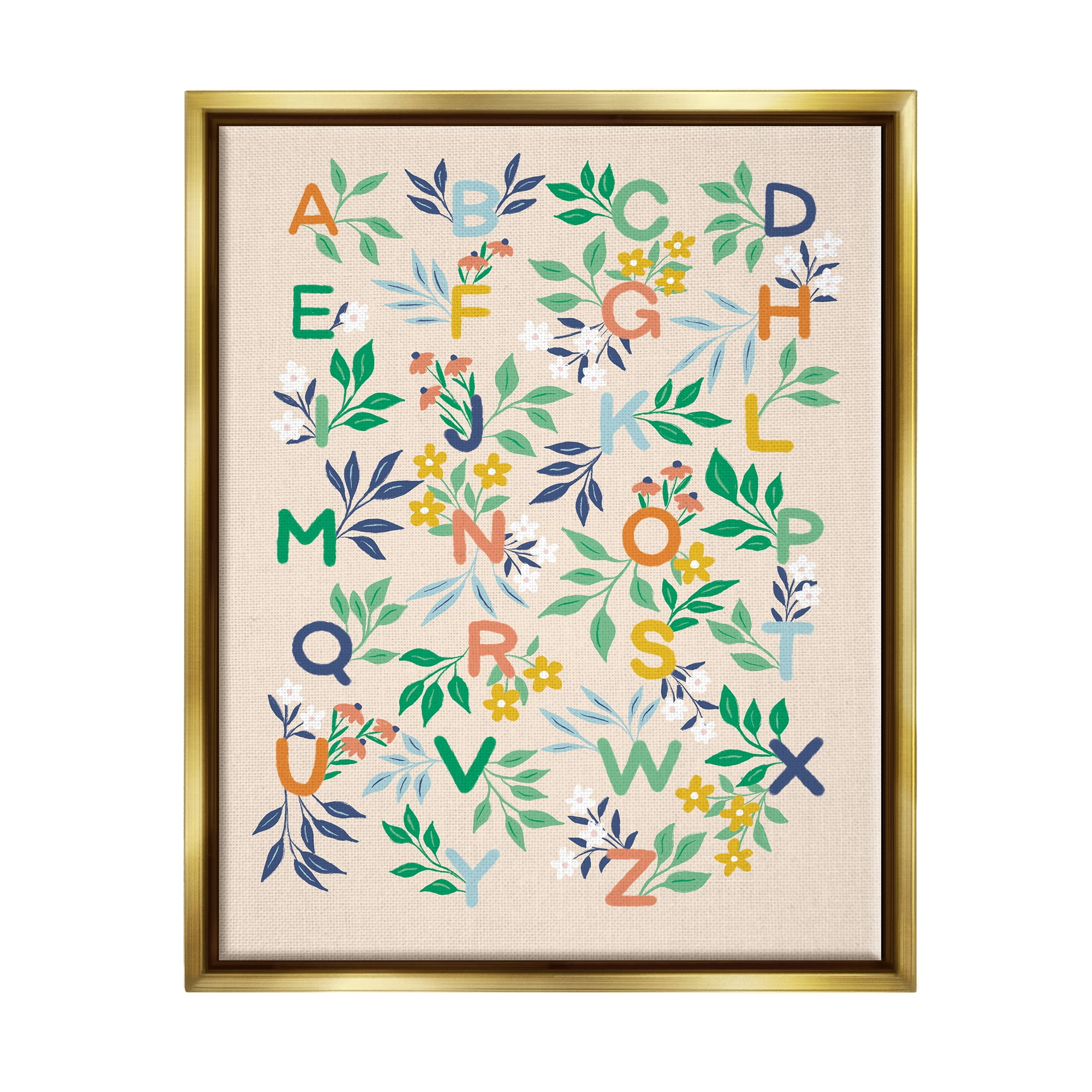 Stupell Industries Cottage Blooms Alphabet Typography Painting Gold Floater Framed Canvas Art Print Wall Art, 25 x 31