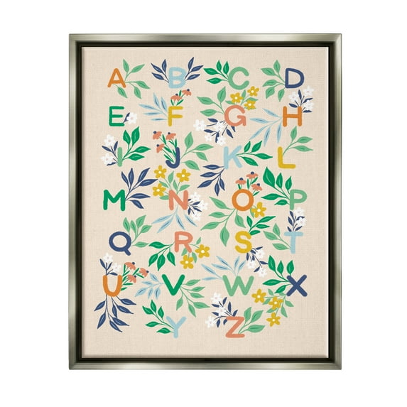 Stupell Industries Cottage Blooms Alphabet Typography Painting Gray Floater Framed Canvas Art Print Wall Art, 25 x 31