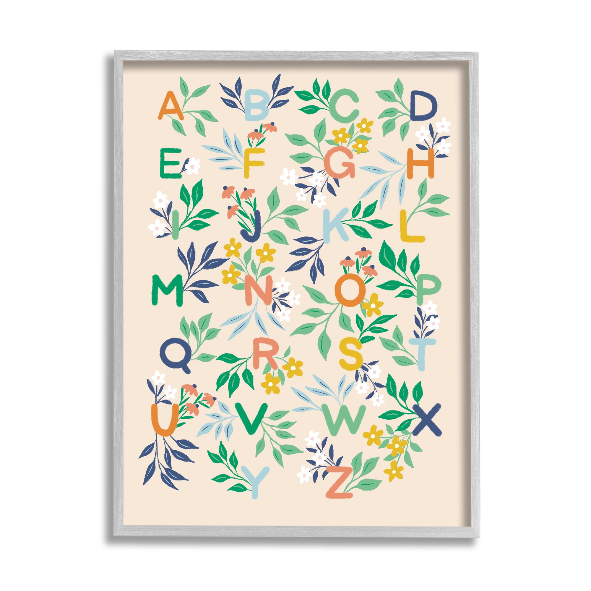 Stupell Industries Cottage Blooms Alphabet Typography Painting Gray Framed Art Print Wall Art, 16 x 20