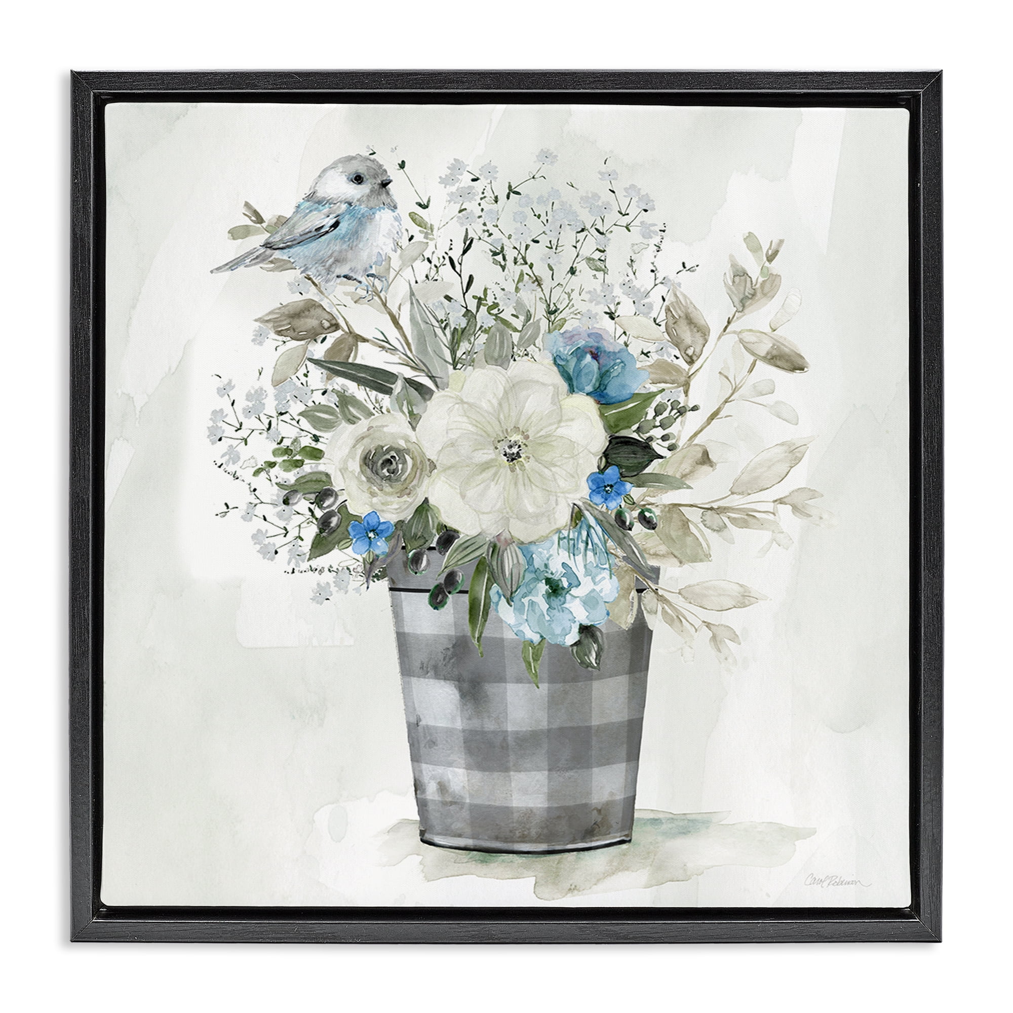 Stupell Industries Cottage Blooms Plaid Vase Plants & Flowers Painting Black Floater Framed Canvas Art Print Wall Art, 18 x 18