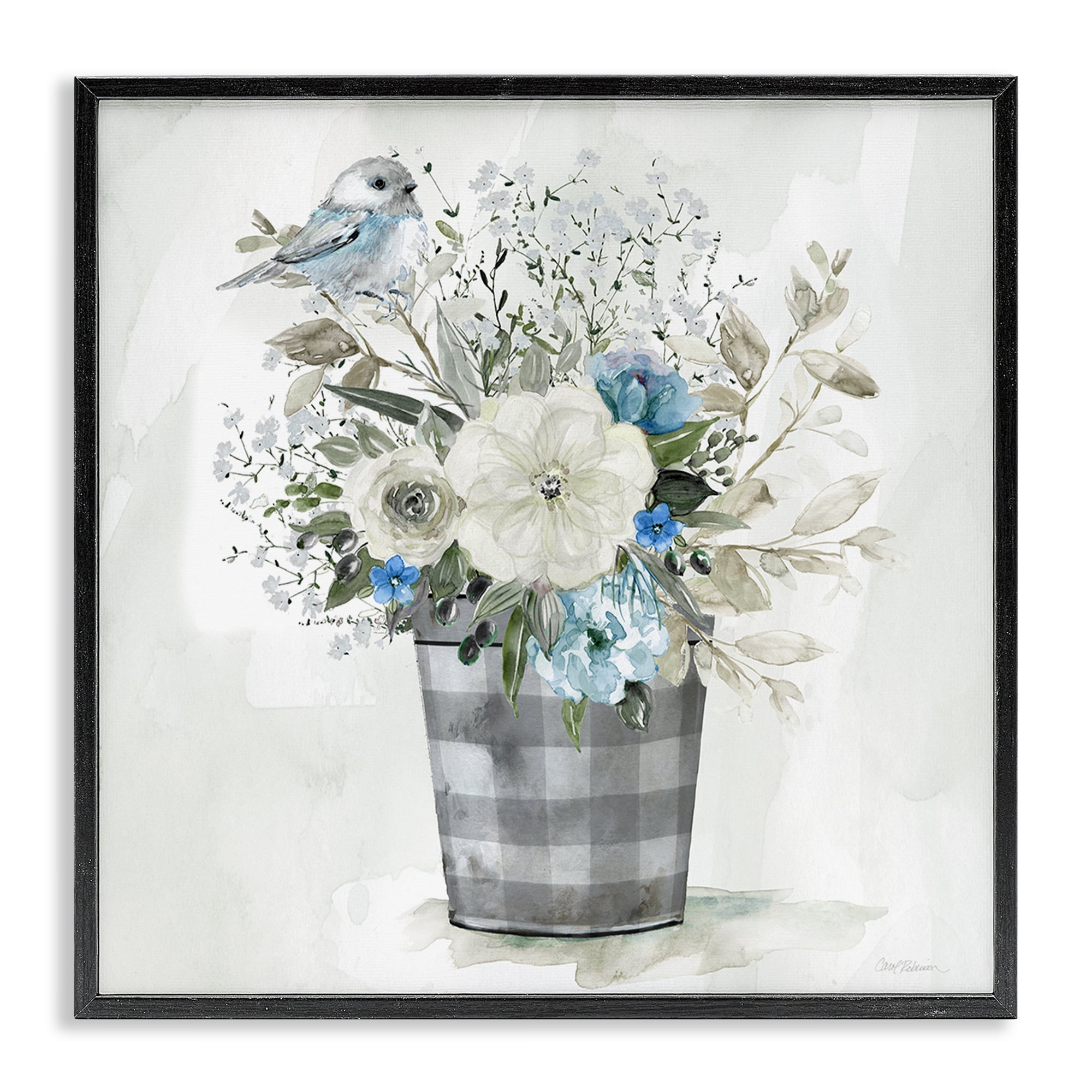 Stupell Industries Cottage Blooms Plaid Vase Plants & Flowers Painting Black Framed Art Print Wall Art, 12 x 12