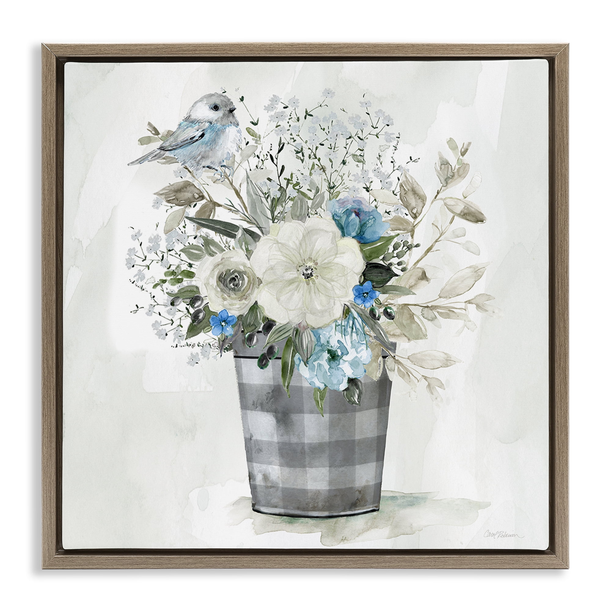 Stupell Industries Cottage Blooms Plaid Vase Plants & Flowers Painting Brown Floater Framed Canvas Art Print Wall Art, 25 x 25