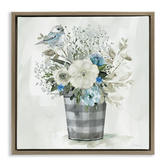 Stupell Industries Cottage Blooms Plaid Vase Plants & Flowers Painting Brown Floater Framed Canvas Art Print Wall Art, 25 x 25