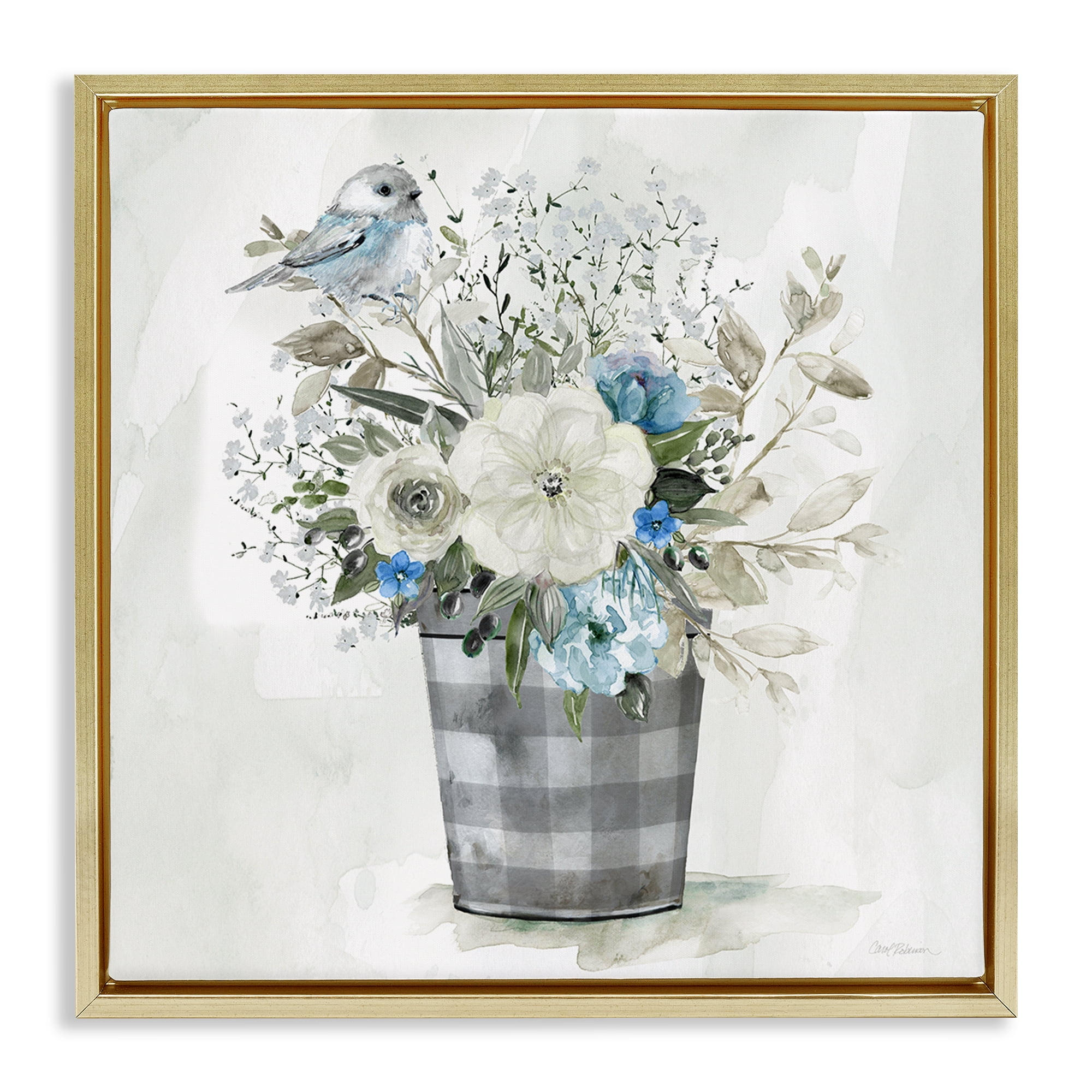 Stupell Industries Cottage Blooms Plaid Vase Plants & Flowers Painting Gold Floater Framed Canvas Art Print Wall Art, 25 x 25