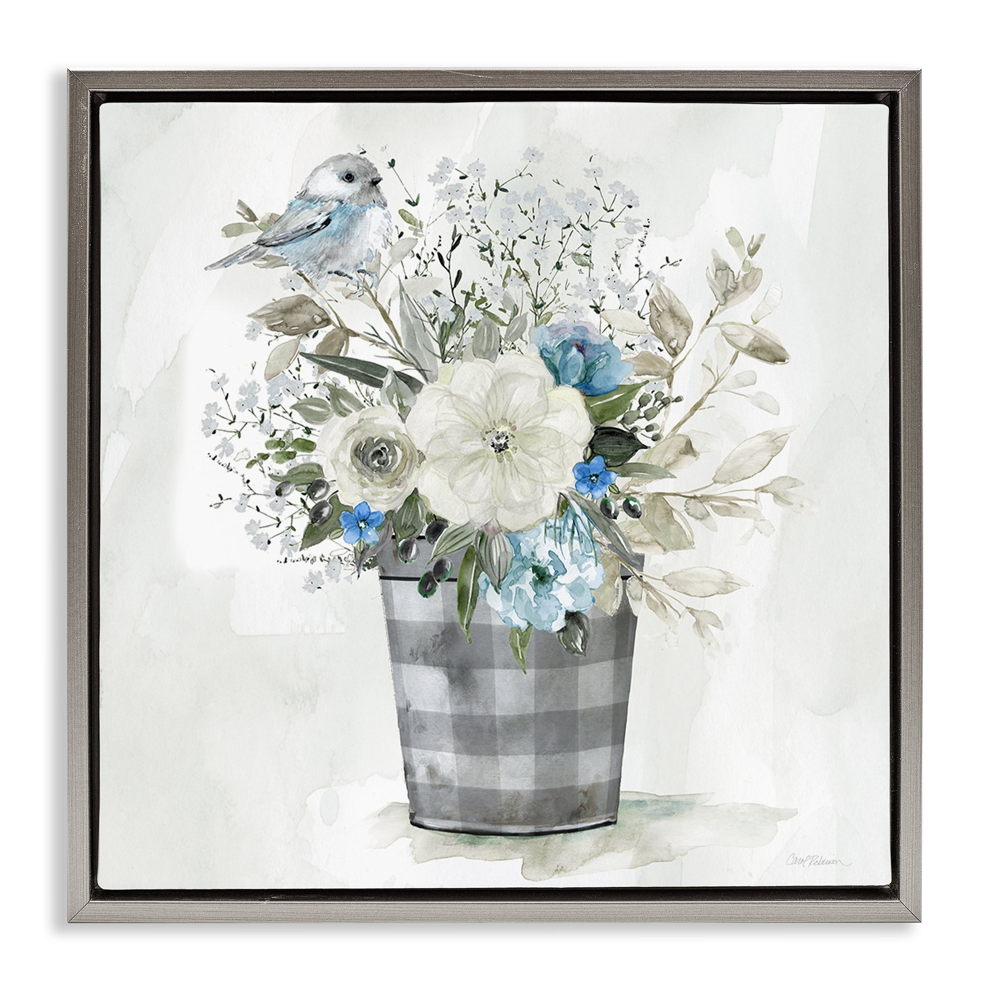 Stupell Industries Cottage Blooms Plaid Vase Plants & Flowers Painting Gray Floater Framed Canvas Art Print Wall Art, 25 x 25