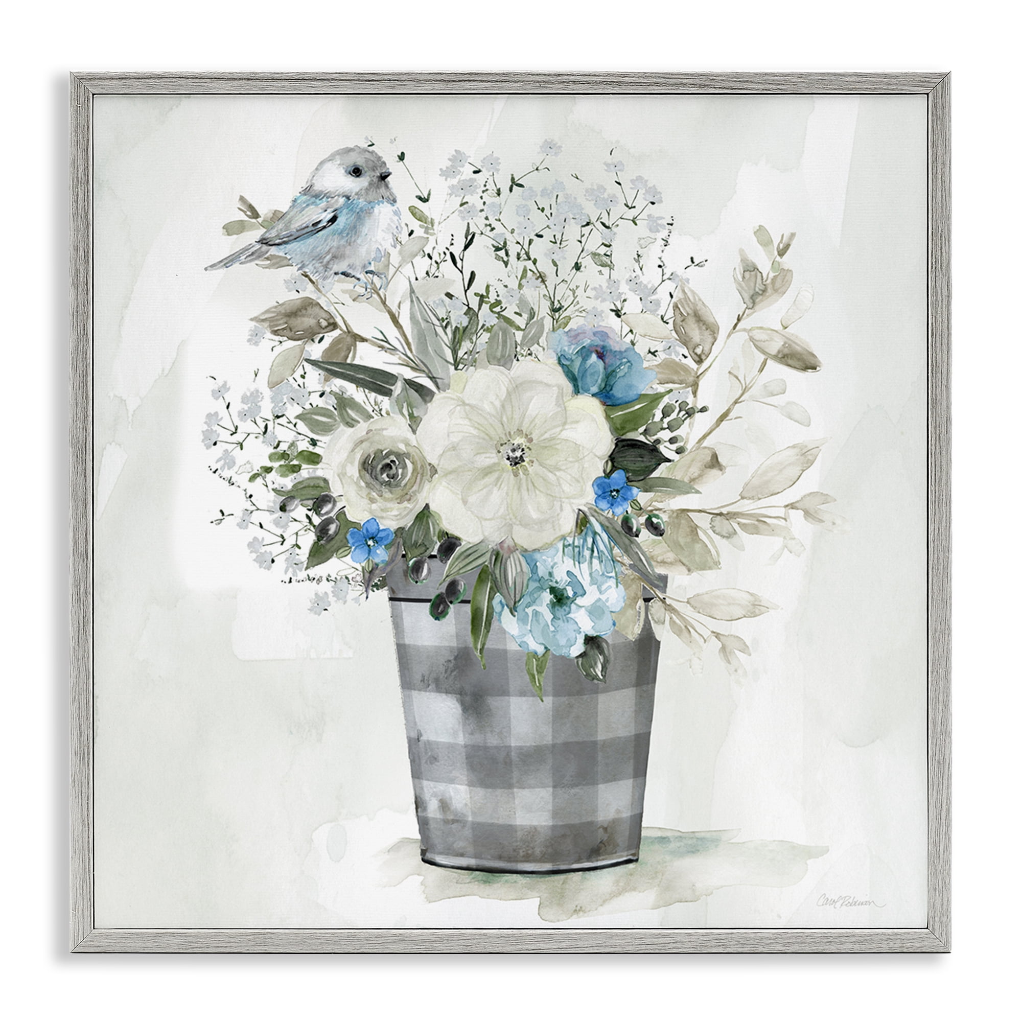 Stupell Industries Cottage Blooms Plaid Vase Plants & Flowers Painting Gray Framed Art Print Wall Art, 12 x 12
