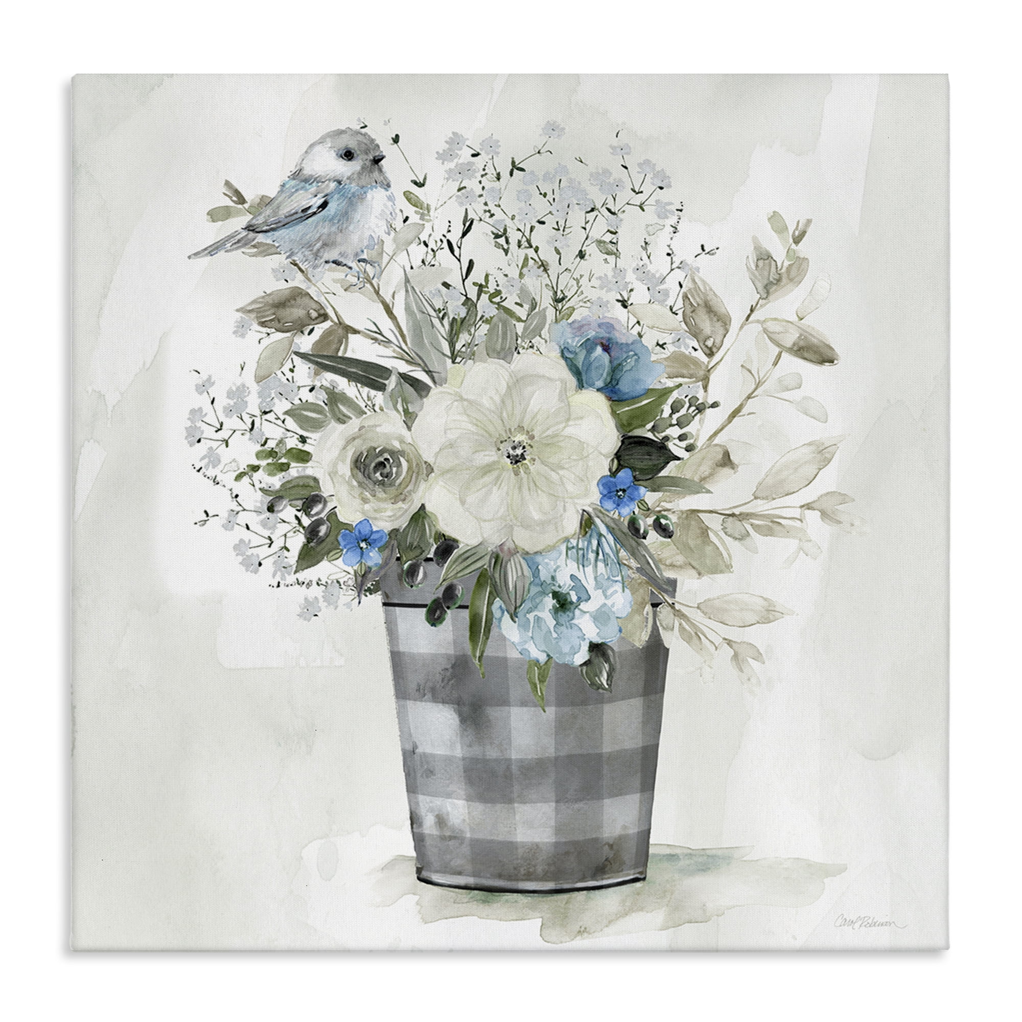 Stupell Industries Cottage Blooms Plaid Vase Plants & Flowers Painting Wrapped Canvas Art Print Wall Art, 17 x 17
