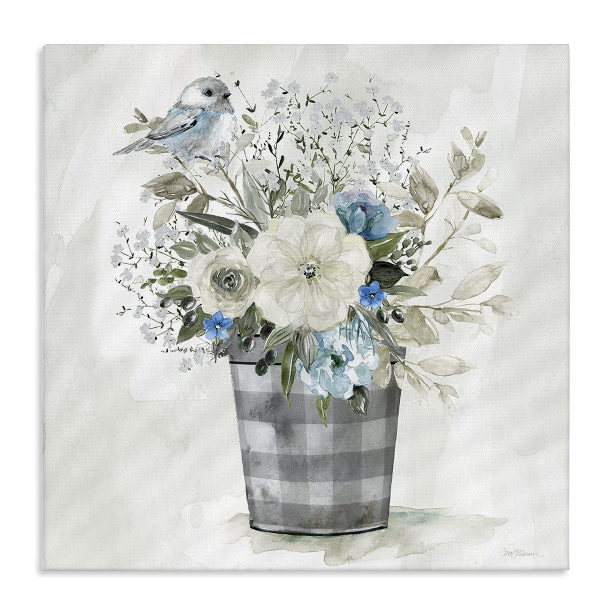 Stupell Industries Cottage Blooms Plaid Vase Plants & Flowers Painting Wrapped Canvas Art Print Wall Art, 36 x 36