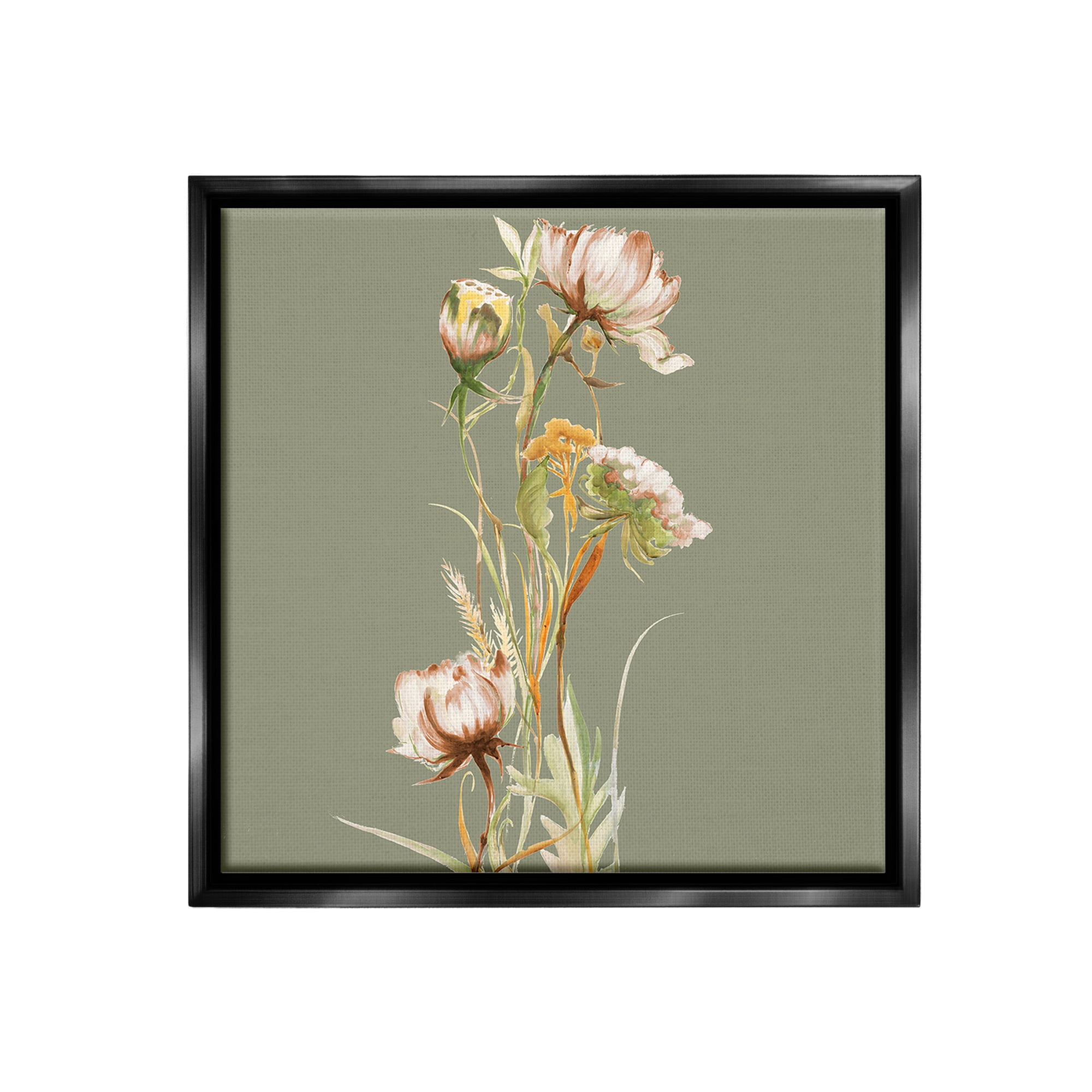 Stupell Industries Cottage Blooms on Green Botanical & Floral Painting Black Floater Framed Canvas Art Print Wall Art, 18 x 18