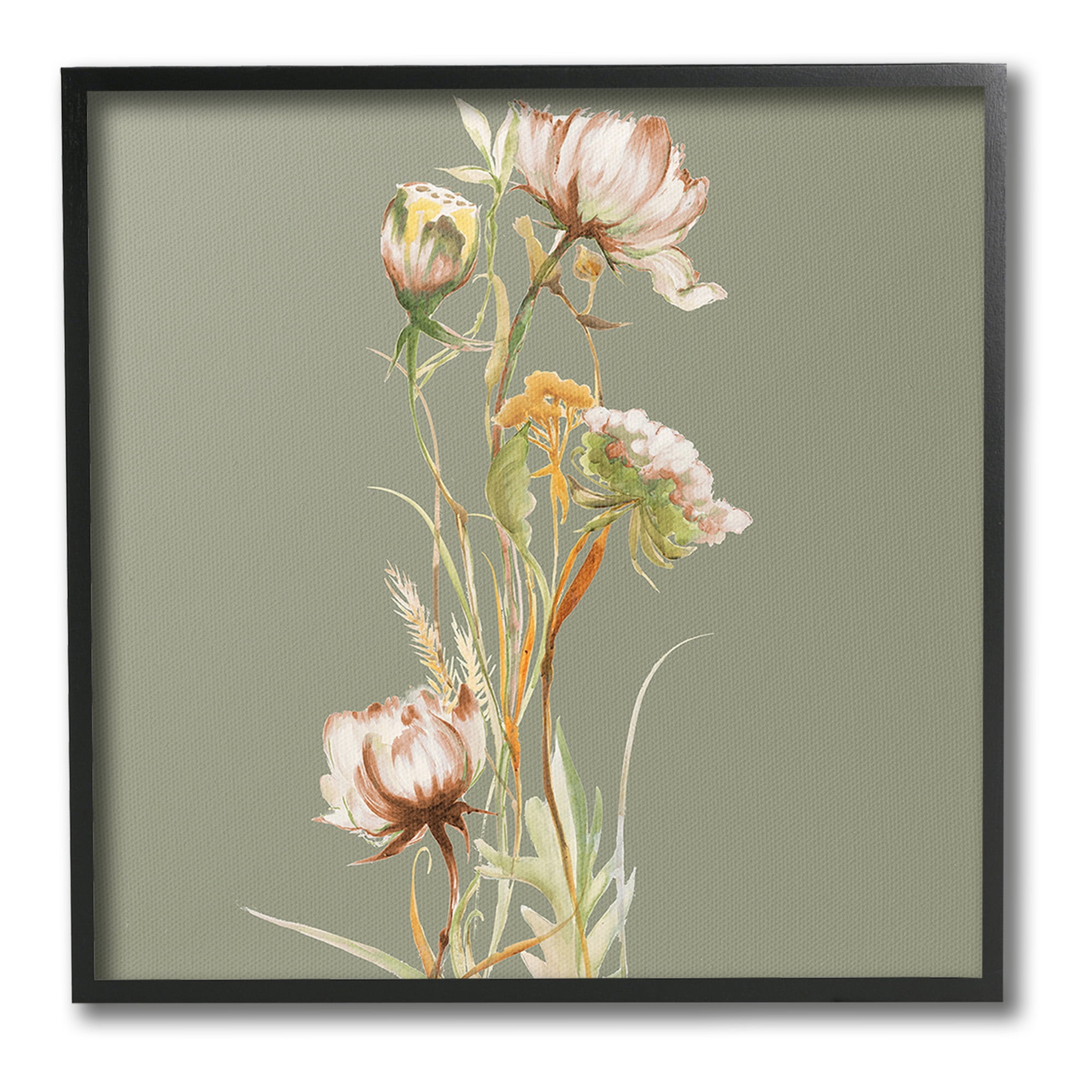 Stupell Industries Cottage Blooms on Green Botanical & Floral Painting Black Framed Art Print Wall Art, 24 x 24