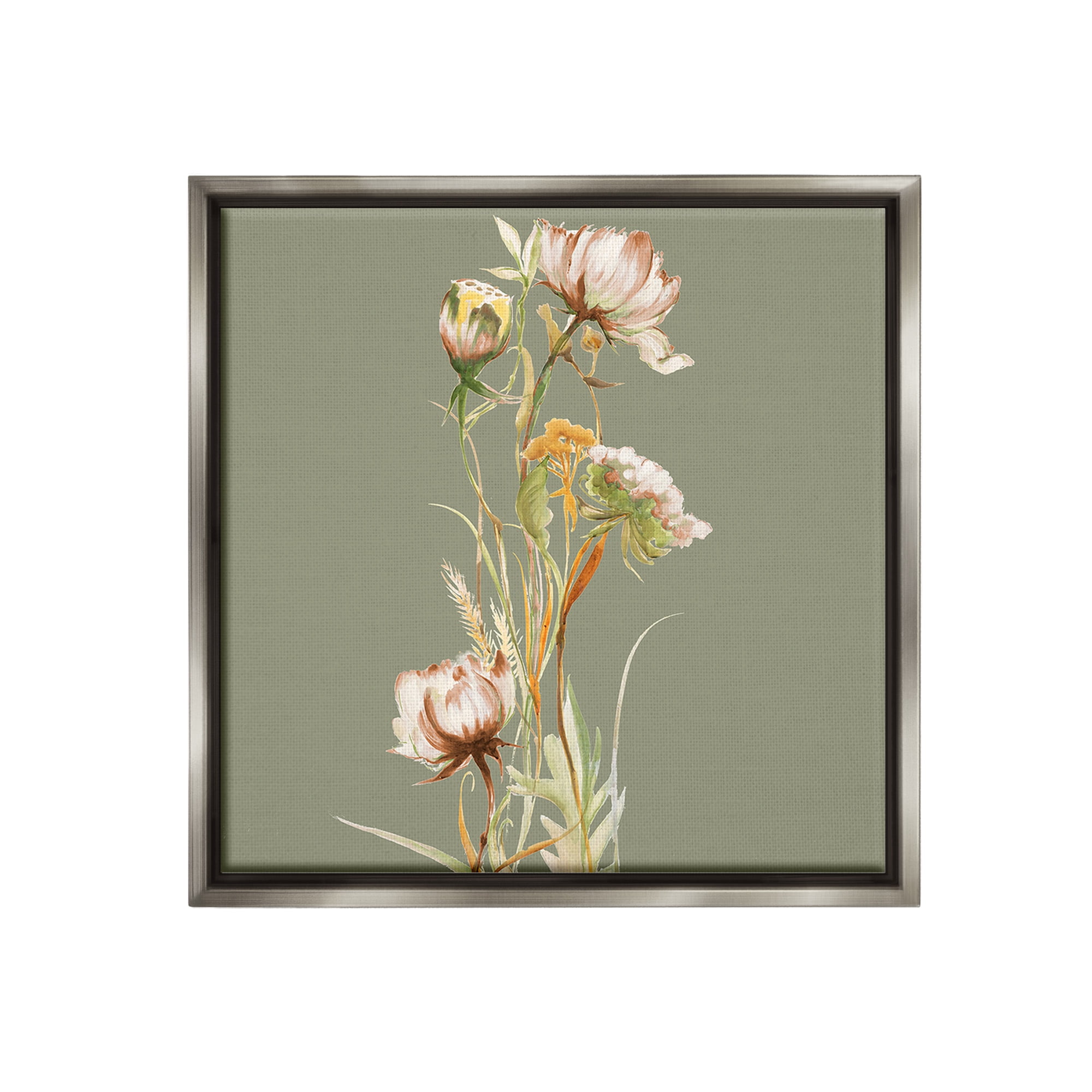 Stupell Industries Cottage Blooms on Green Botanical & Floral Painting Gray Floater Framed Canvas Art Print Wall Art, 25 x 25