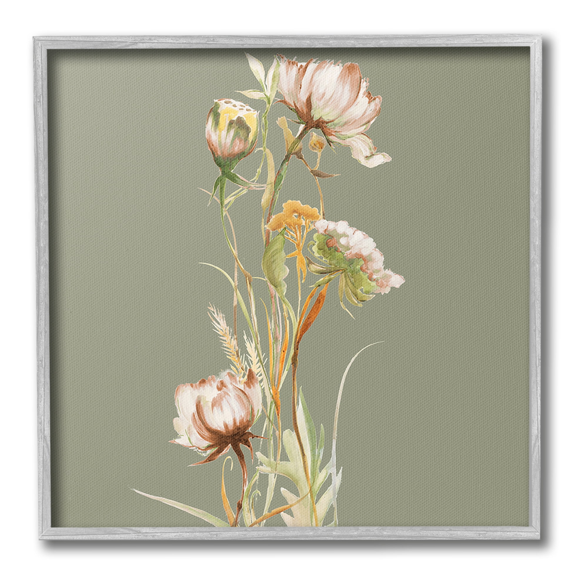 Stupell Industries Cottage Blooms on Green Botanical & Floral Painting Gray Framed Art Print Wall Art, 24 x 24