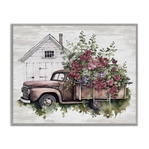 Stupell Industries Cottage Burgundy Flowers Truck Gray Framed Giclee Art, 20 x 16, by Lettered and Lined
