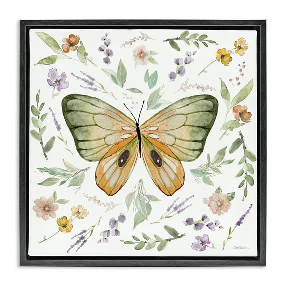 Stupell Industries Cottage Butterfly Botanicals Animals Painting Black Floater Framed Canvas Art Print Wall Art, 25 x 25