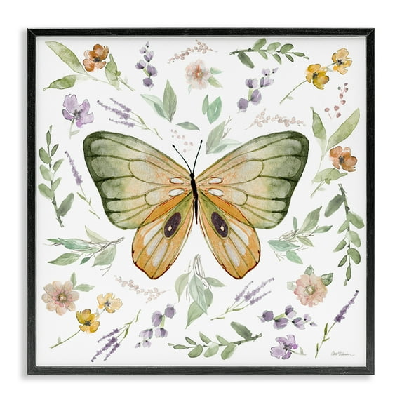 Stupell Industries Cottage Butterfly Botanicals Animals Painting Black Framed Art Print Wall Art, 24 x 24