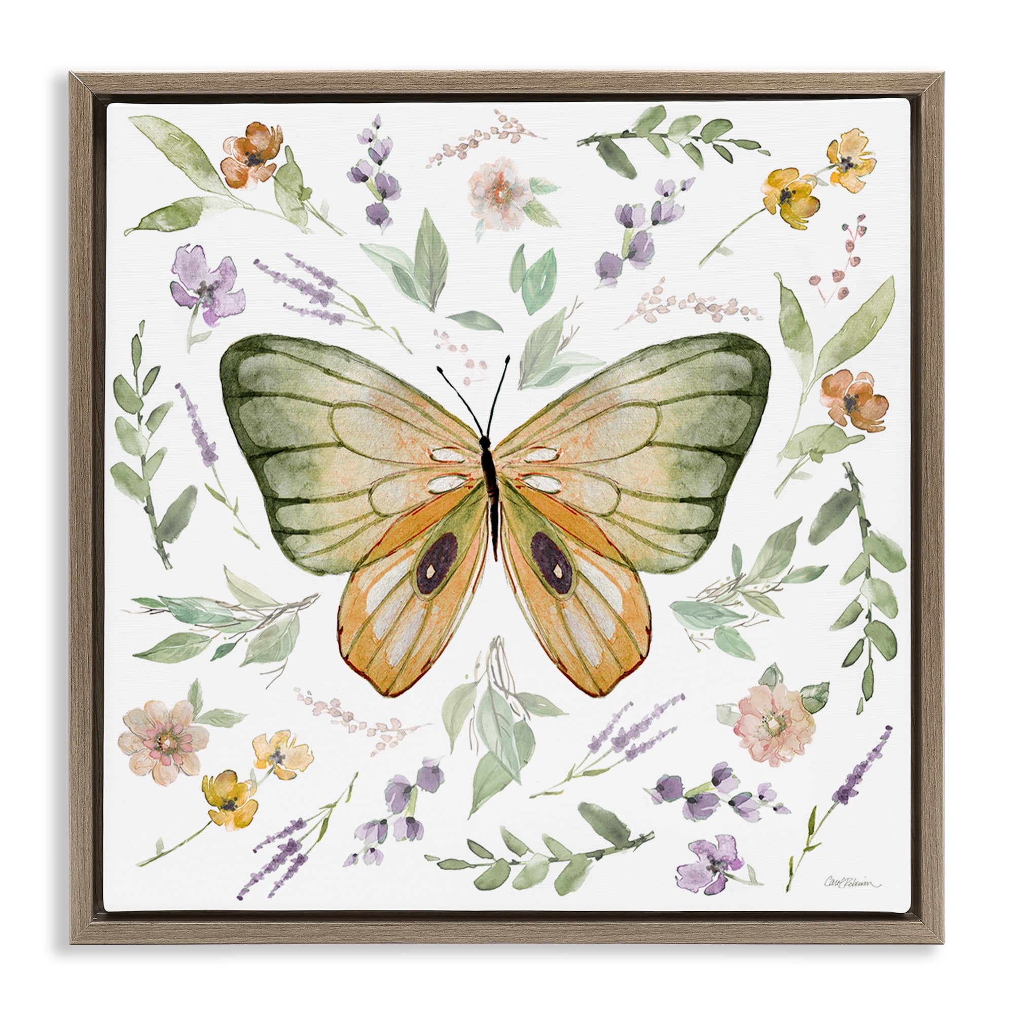 Stupell Industries Cottage Butterfly Botanicals Animals Painting Brown Floater Framed Canvas Art Print Wall Art, 25 x 25