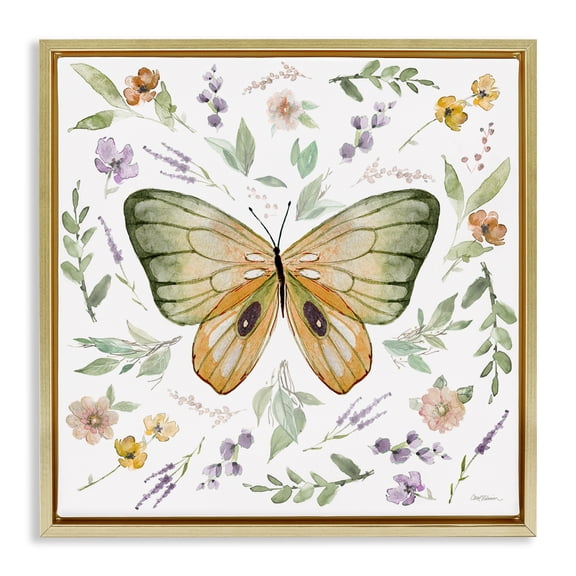 Stupell Industries Cottage Butterfly Botanicals Animals Painting Gold Floater Framed Canvas Art Print Wall Art, 18 x 18
