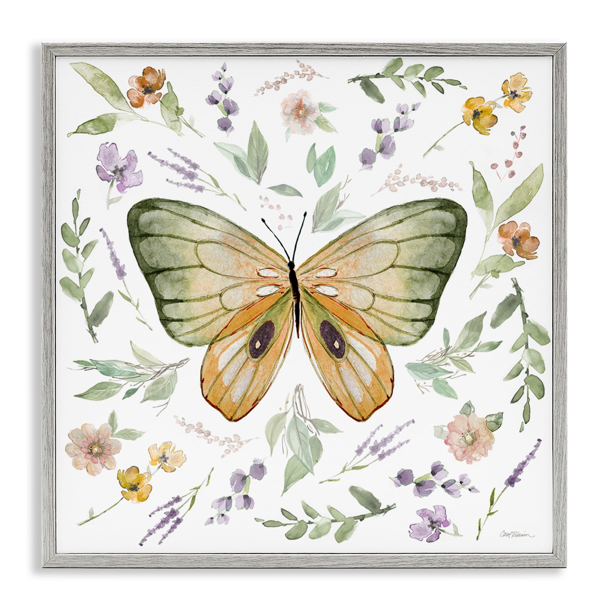 Stupell Industries Cottage Butterfly Botanicals Animals Painting Gray Framed Art Print Wall Art, 17 x 17