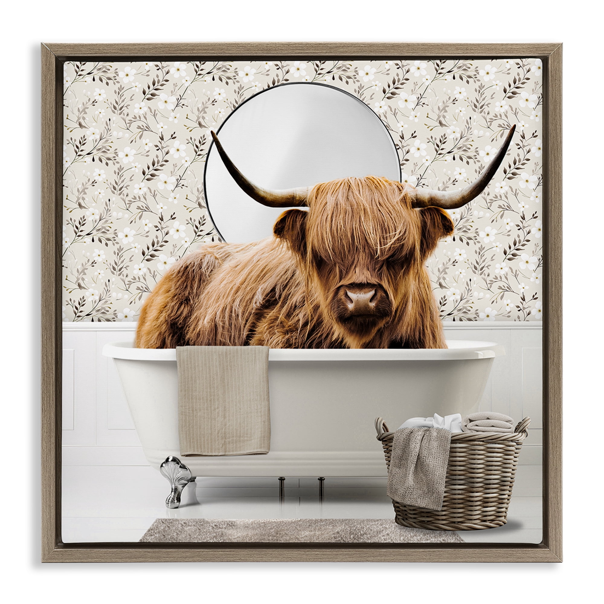 Stupell Industries Cottage Cattle Bath Time Brown Framed Floater Canvas Wall Art, design by CAD Designs