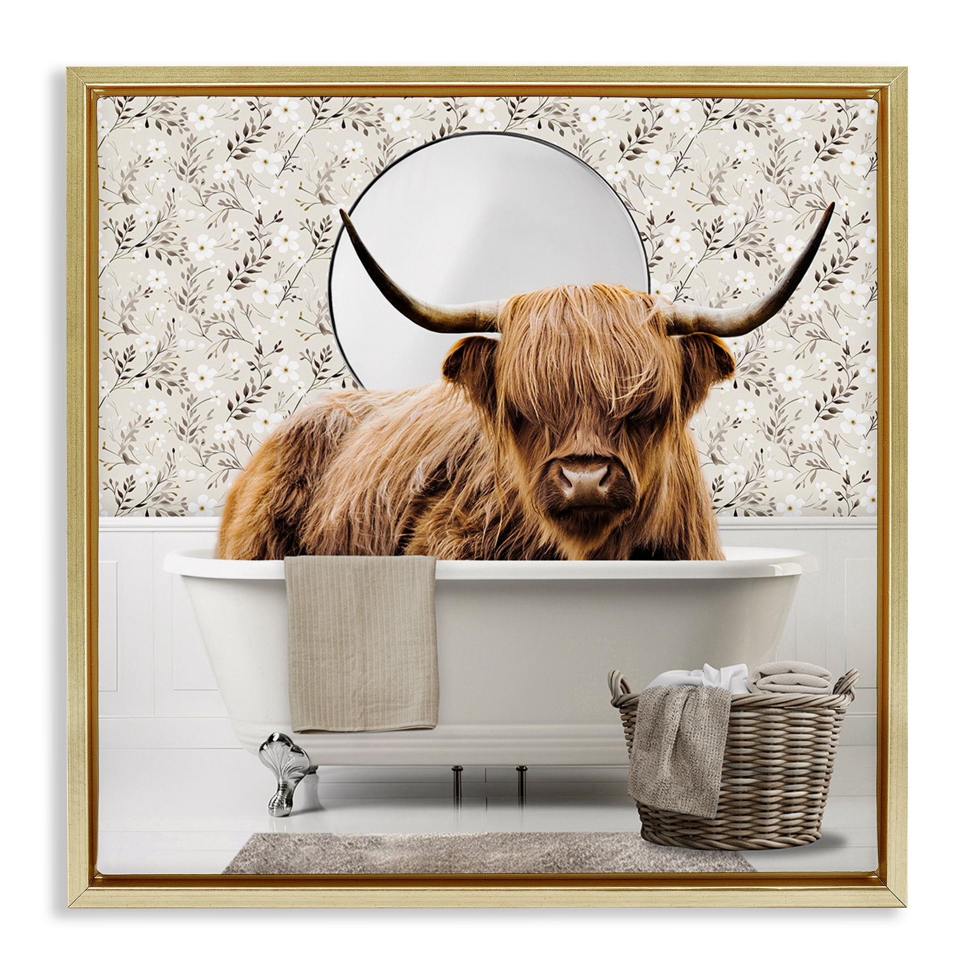 Stupell Industries Cottage Cattle Bath Time Gold Framed Floater Canvas Wall Art, design by CAD Designs