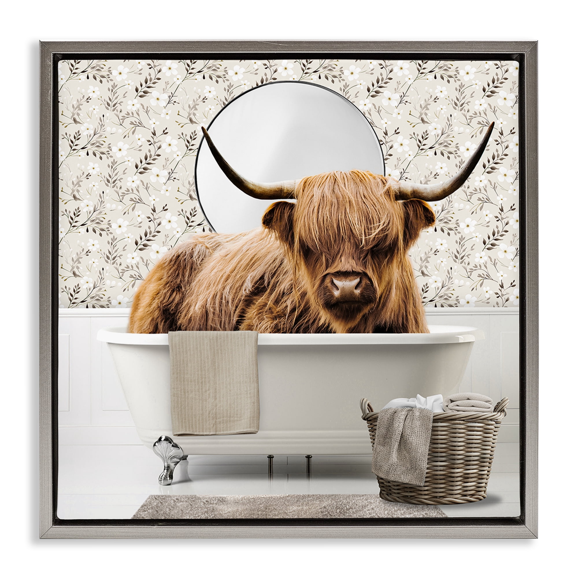 Stupell Industries Cottage Cattle Bath Time Gray Framed Floater Canvas Wall Art, design by CAD Designs