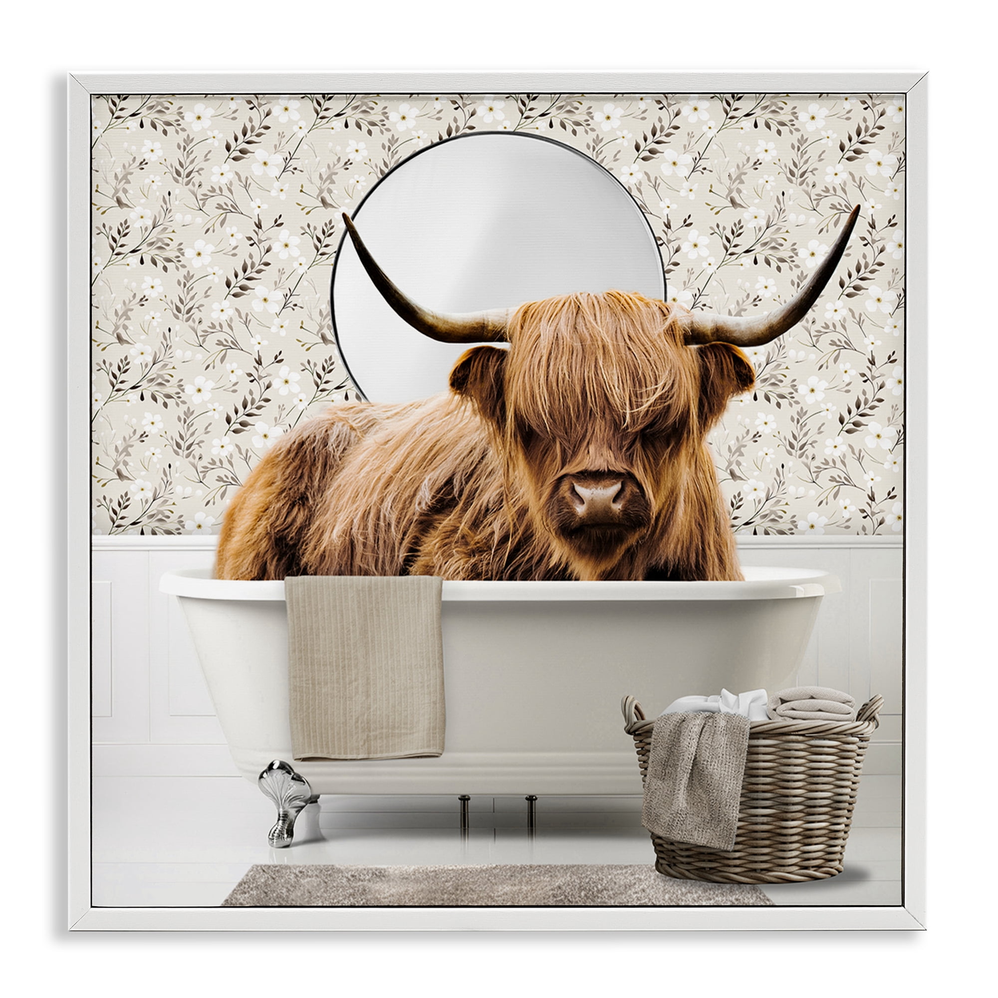 Stupell Industries Cottage Cattle Bath Time White Framed Giclee Art, design by CAD Designs