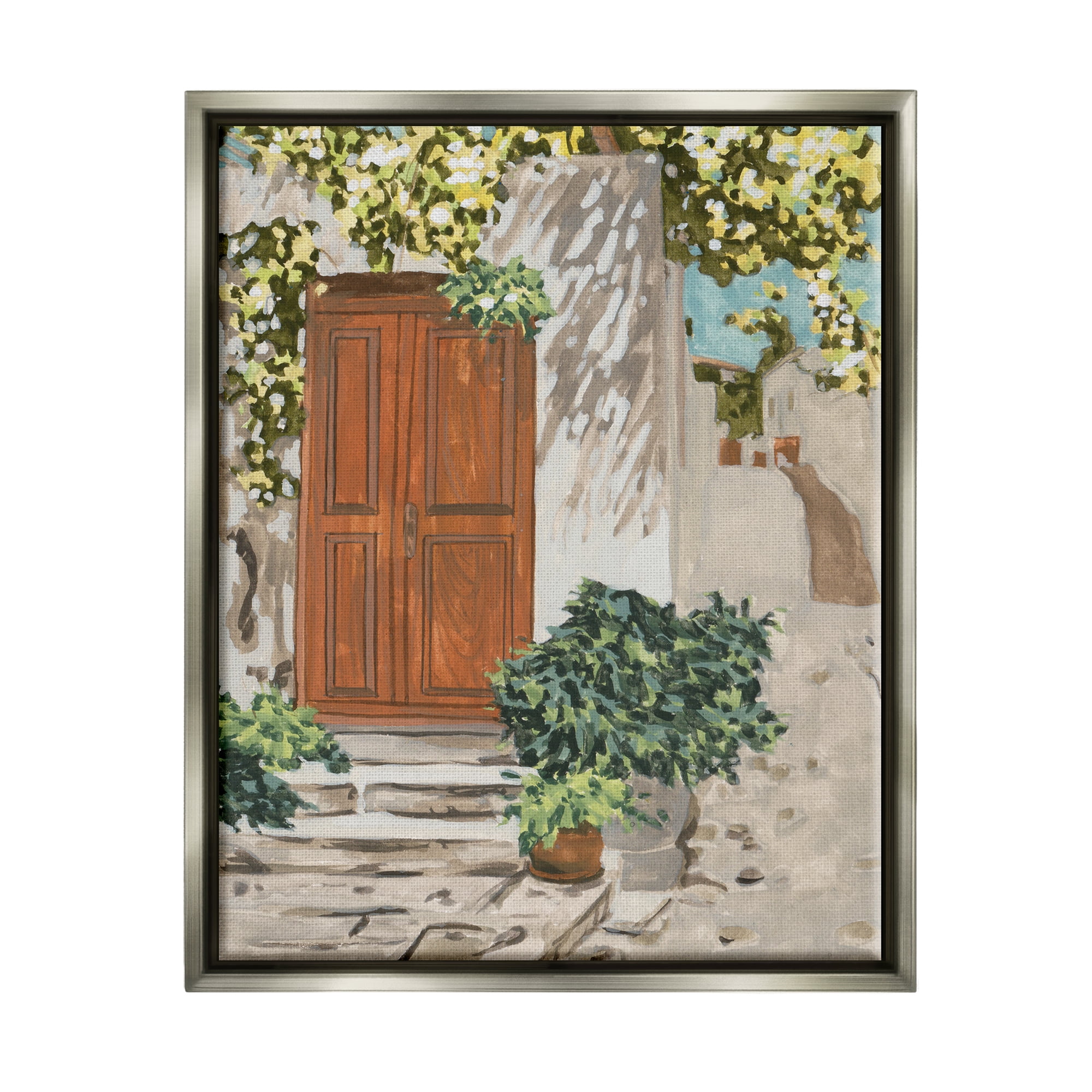 Stupell Industries Cottage Doorway Botanicals Travel & Places Painting Gray Floater Framed Canvas Art Print Wall Art, 25 x 31