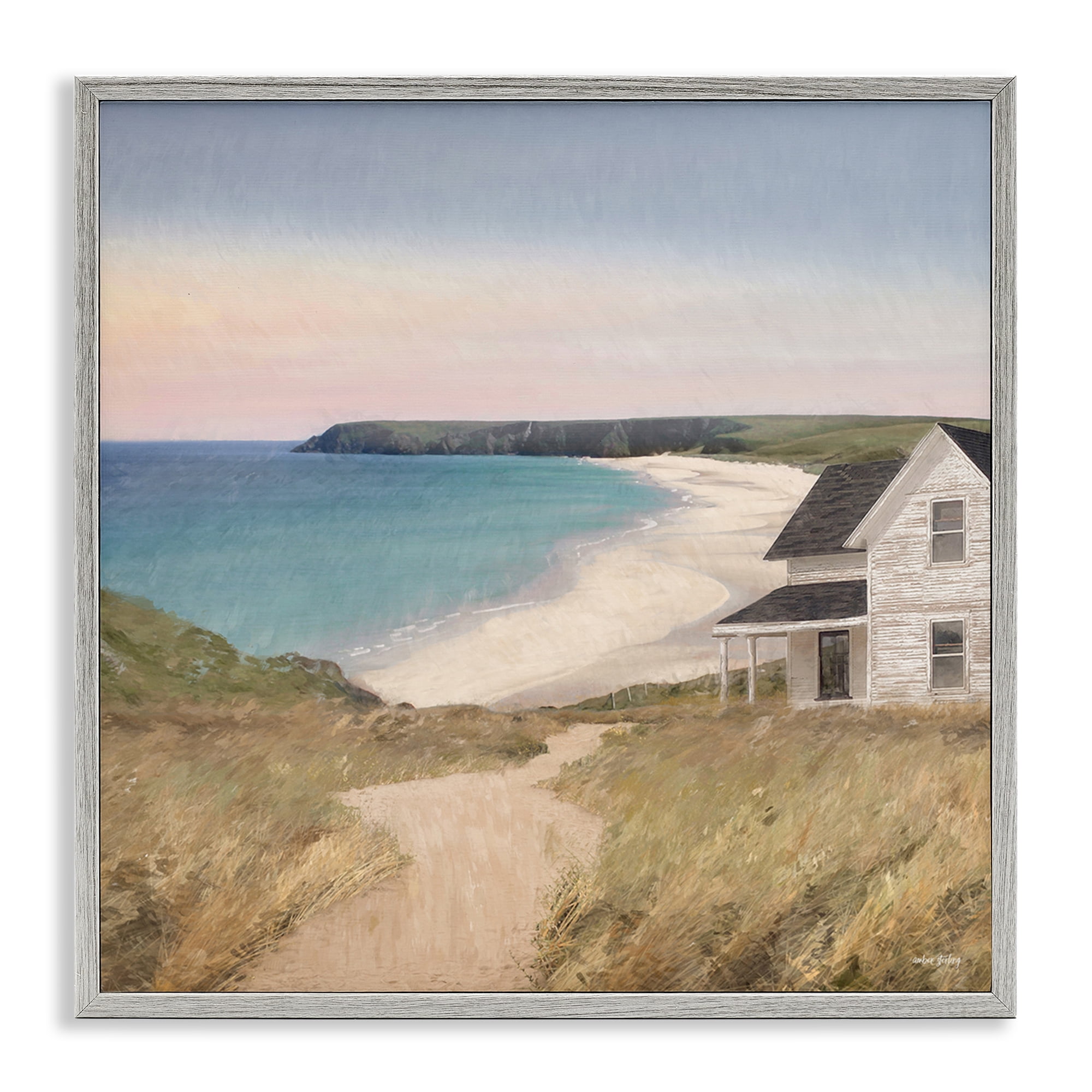 Stupell Industries Cottage Down By Shore Landscape & Nature Painting Gray Framed Art Print Wall Art, 12 x 12