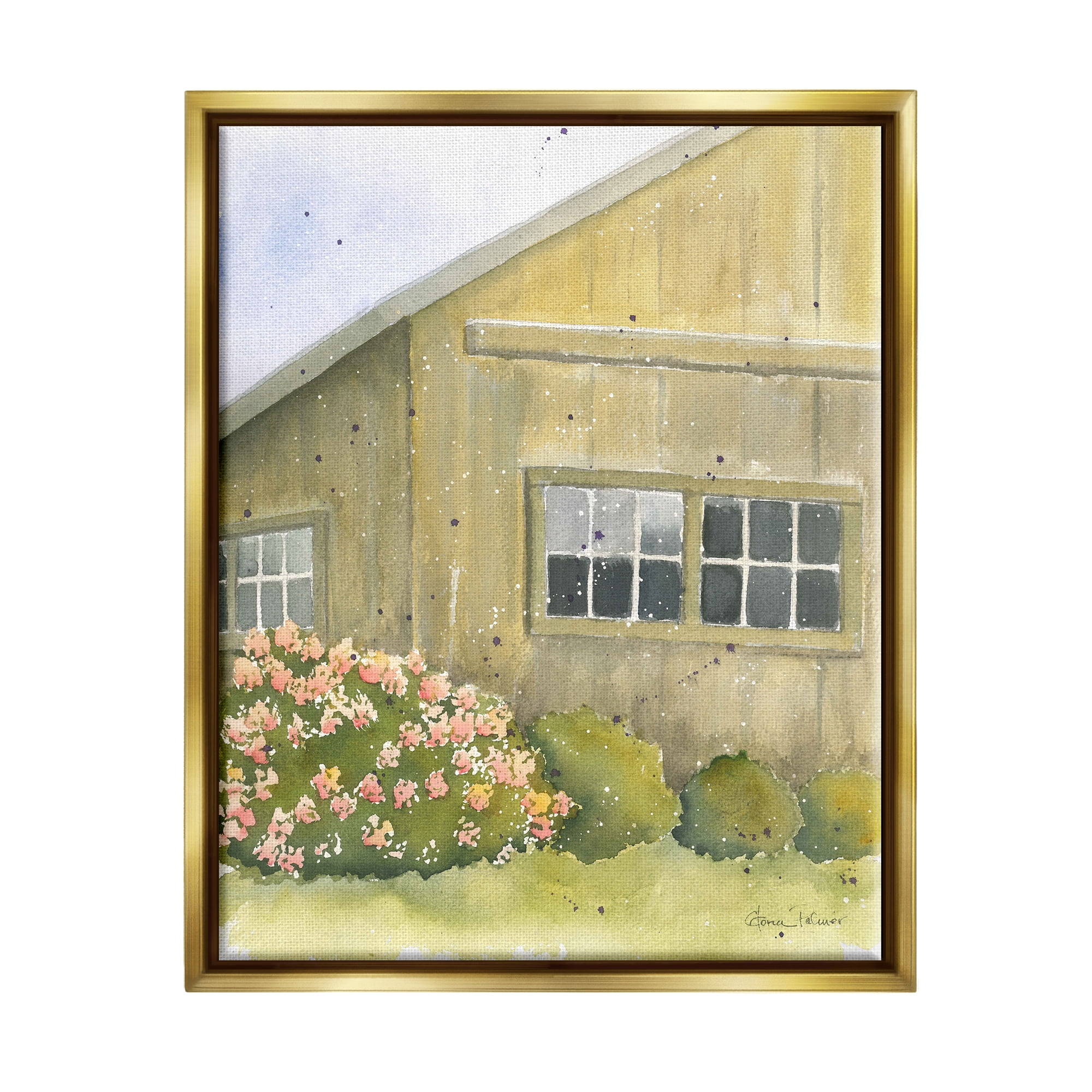 Stupell Industries Cottage Floral Bushes Painting Landscape Painting Gold Floater Framed Art Print Wall Art