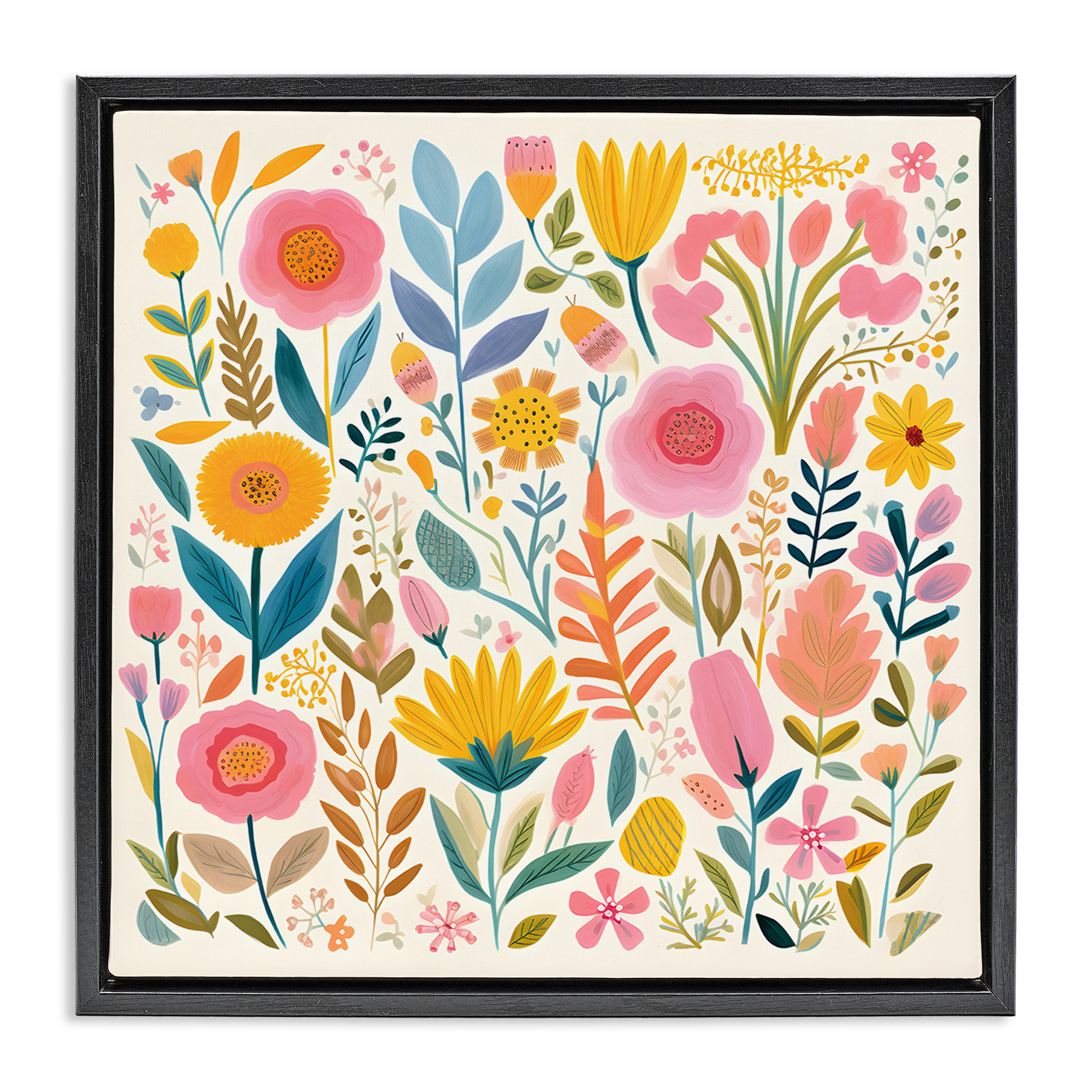Stupell Industries Cottage Florals Pattern Plants & Flowers Painting Black Floater Framed Canvas Art Print Wall Art, 18 x 18