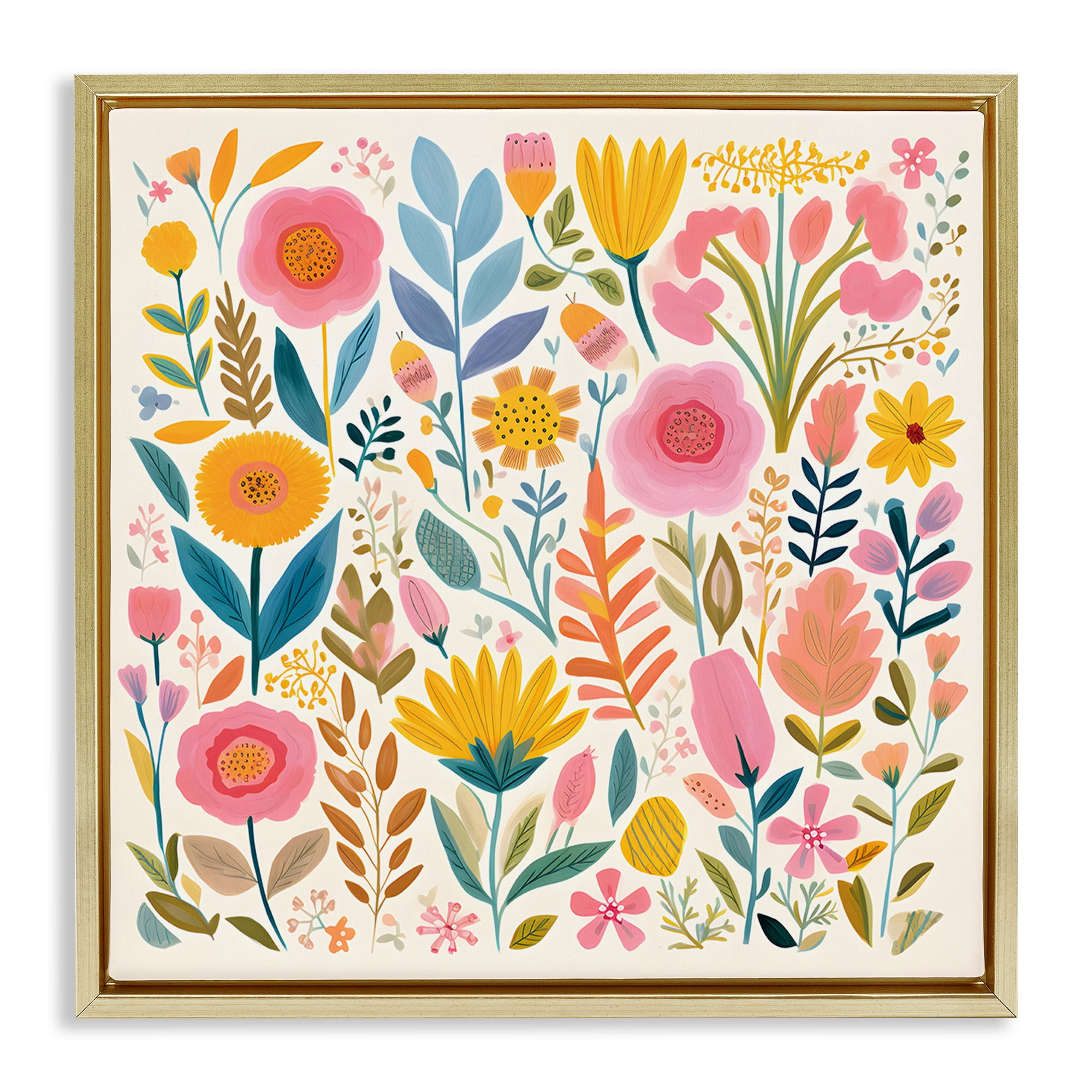 Stupell Industries Cottage Florals Pattern Plants & Flowers Painting Gold Floater Framed Canvas Art Print Wall Art, 25 x 25